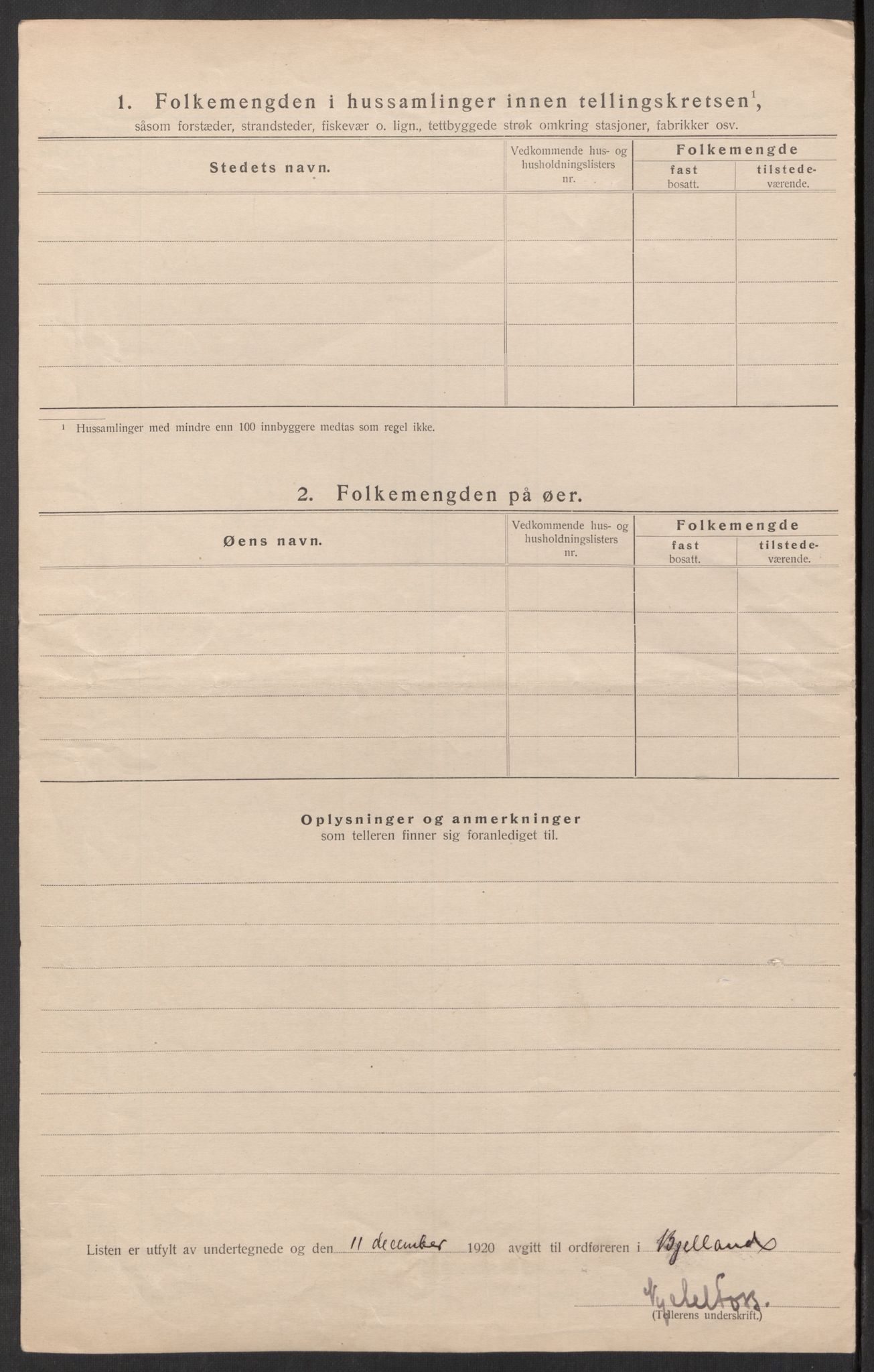 SAK, 1920 census for Bjelland, 1920, p. 31