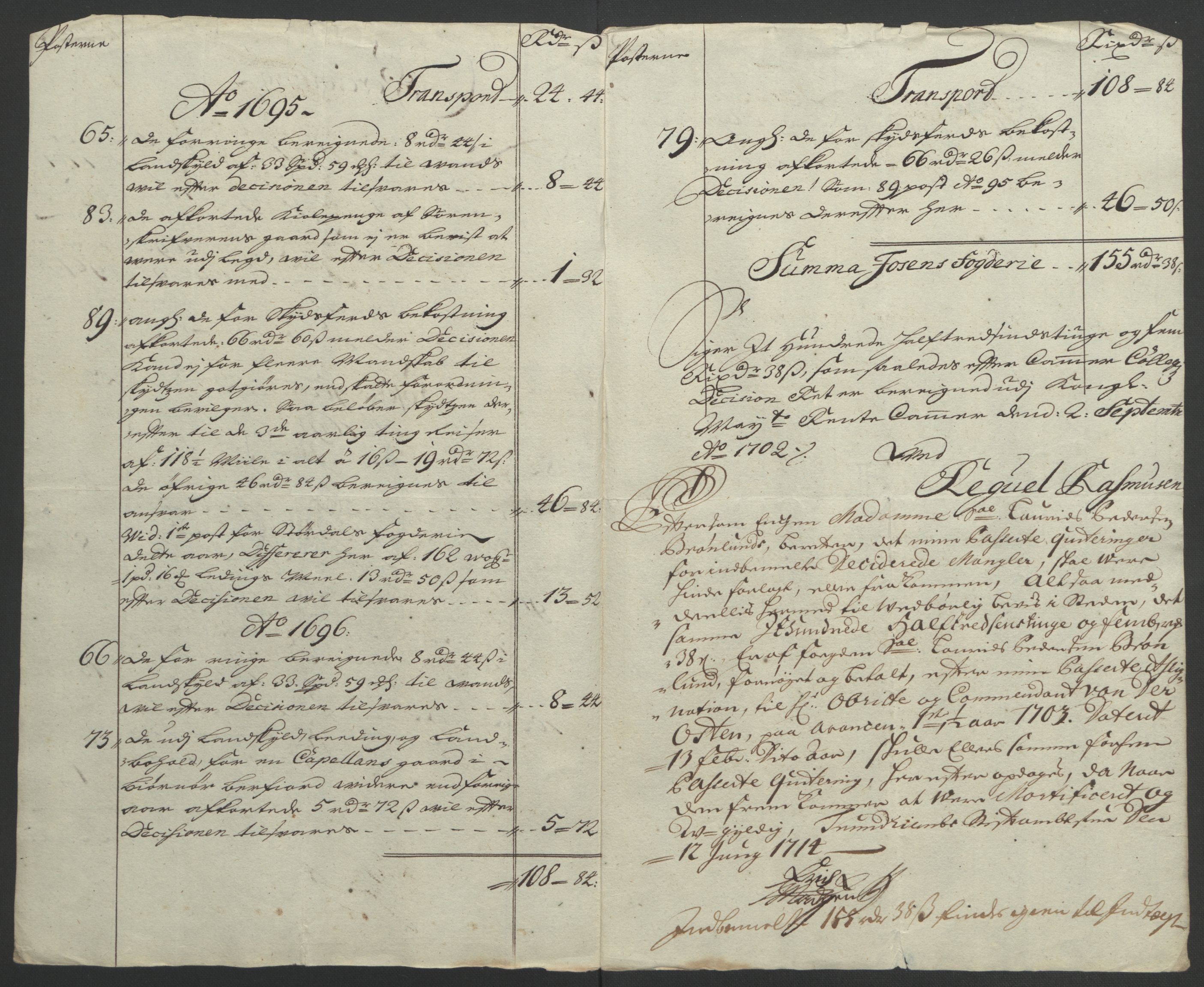 Rentekammeret inntil 1814, Reviderte regnskaper, Fogderegnskap, AV/RA-EA-4092/R57/L3851: Fogderegnskap Fosen, 1695-1696, p. 354