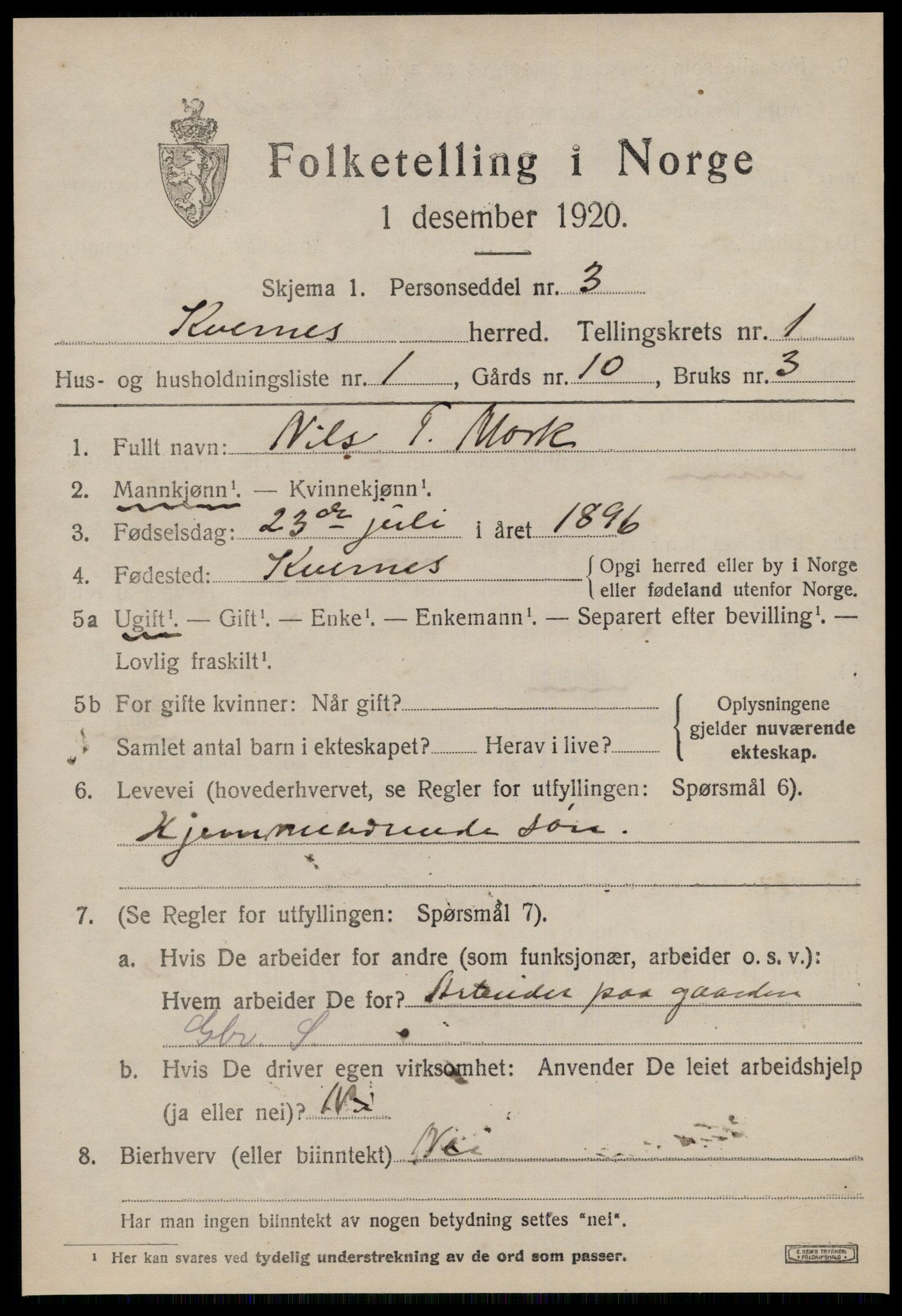 SAT, 1920 census for Kvernes, 1920, p. 287