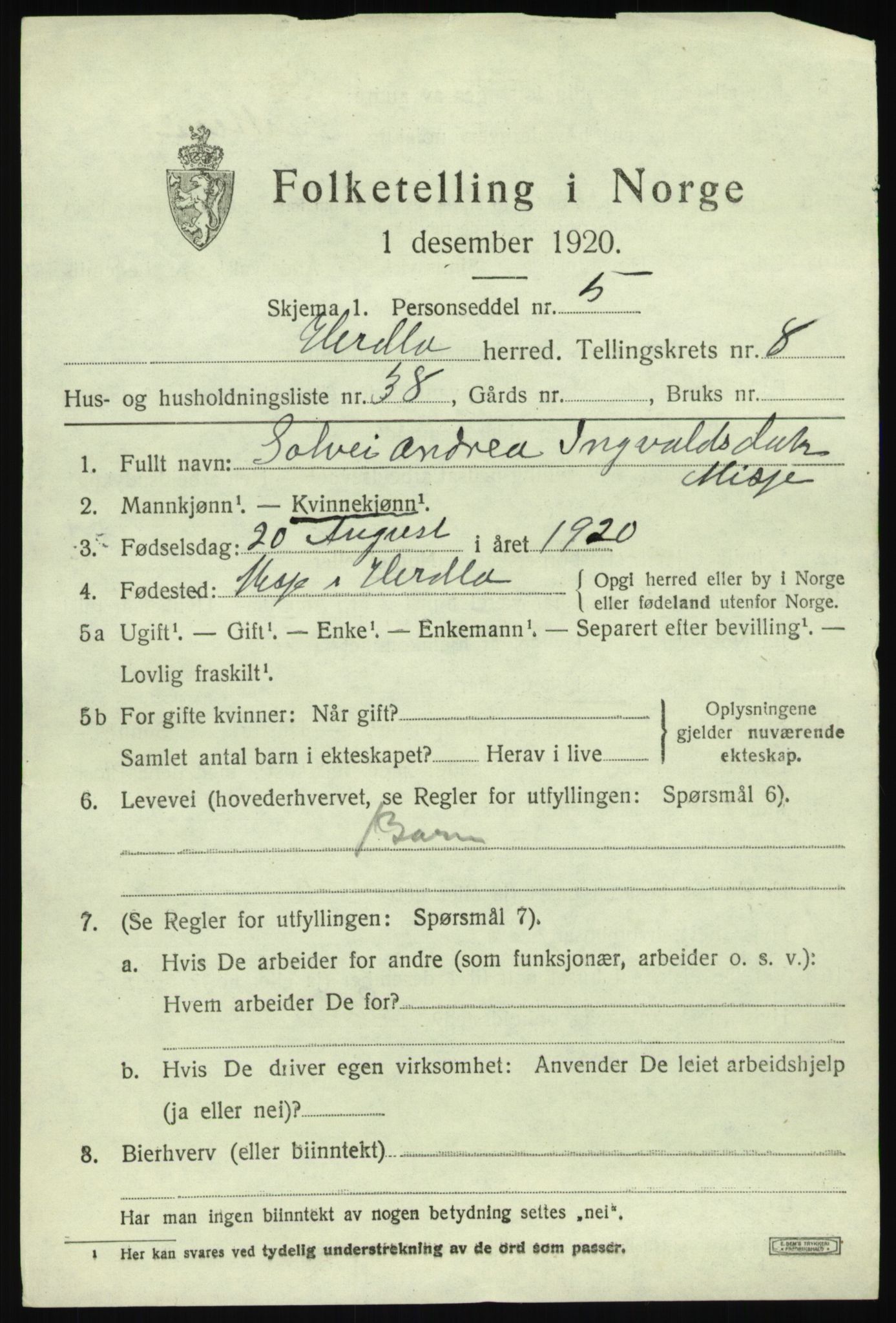 SAB, 1920 census for Herdla, 1920, p. 6291