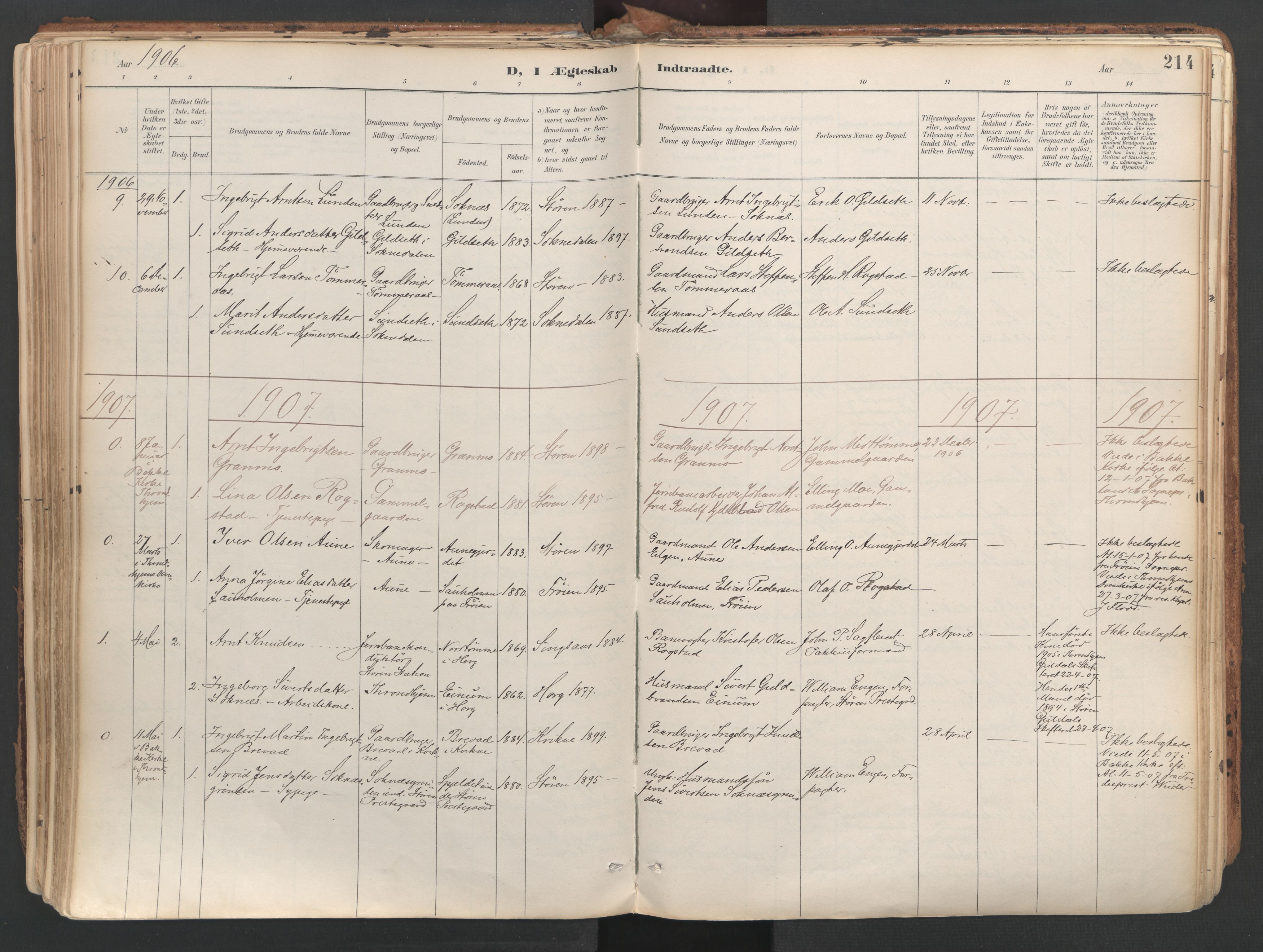Ministerialprotokoller, klokkerbøker og fødselsregistre - Sør-Trøndelag, SAT/A-1456/687/L1004: Parish register (official) no. 687A10, 1891-1923, p. 214