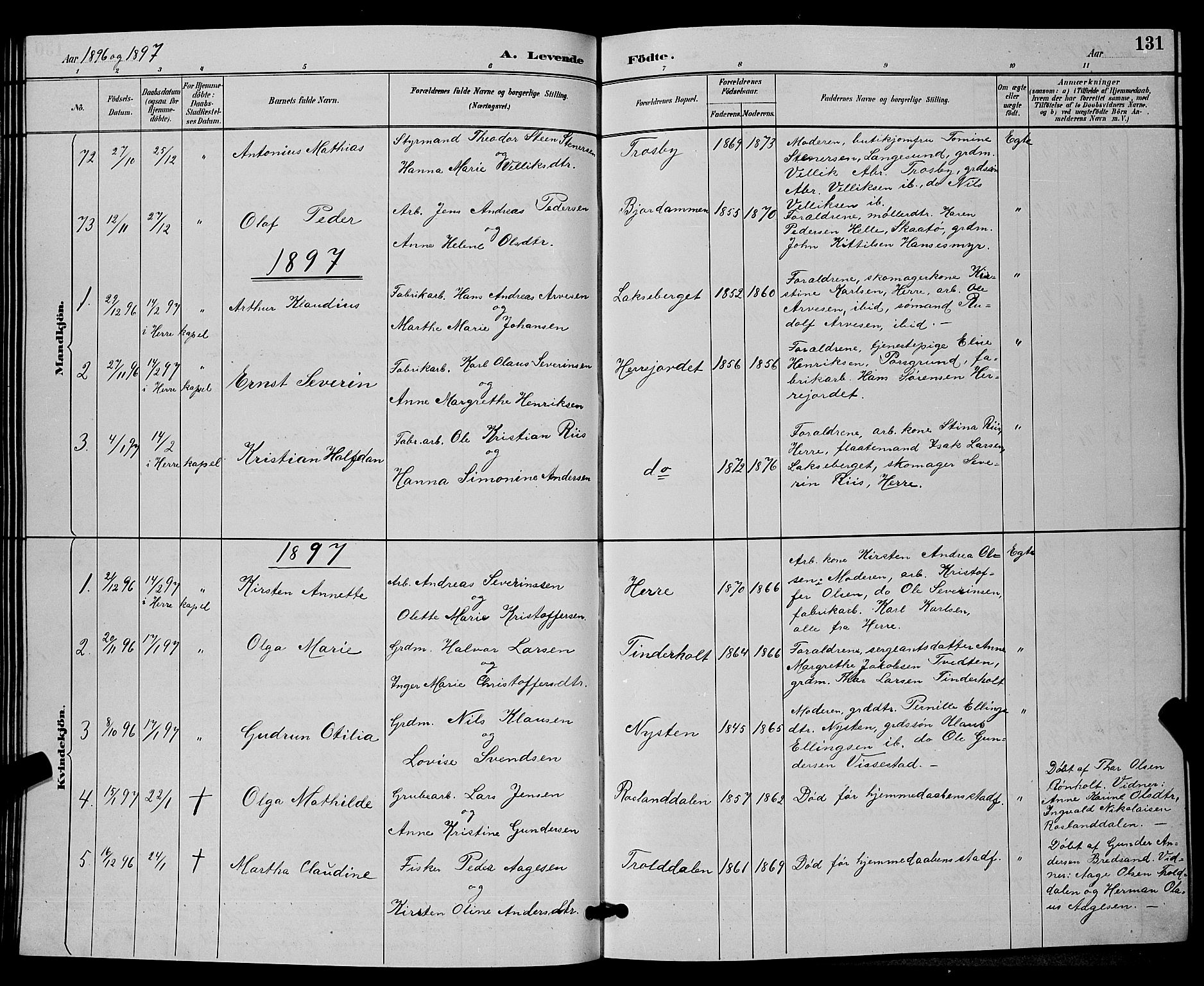 Bamble kirkebøker, SAKO/A-253/G/Ga/L0009: Parish register (copy) no. I 9, 1888-1900, p. 131