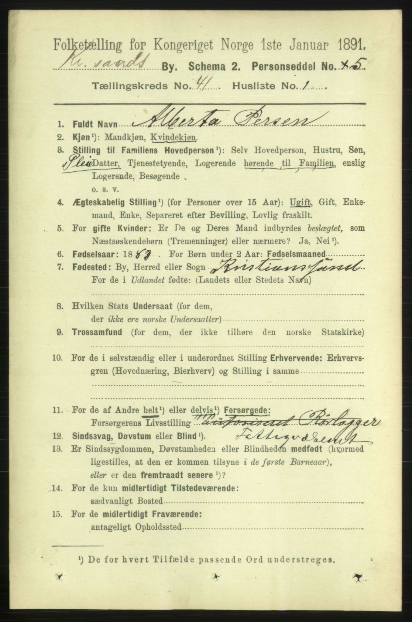 RA, 1891 census for 1001 Kristiansand, 1891, p. 12488