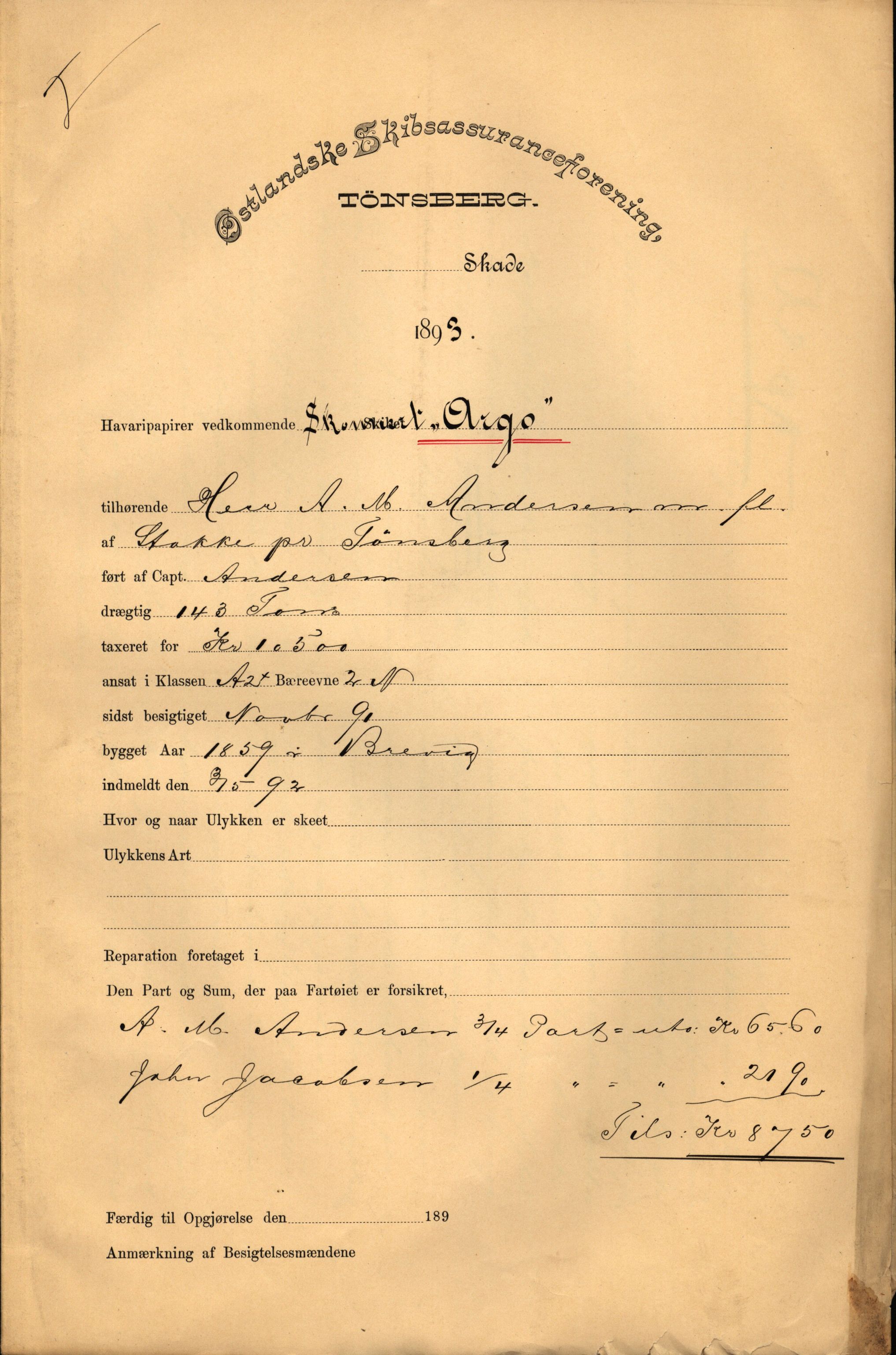 Pa 63 - Østlandske skibsassuranceforening, VEMU/A-1079/G/Ga/L0029/0008: Havaridokumenter / Broderfolket, Amthill, Argo, Axel, 1893, p. 22