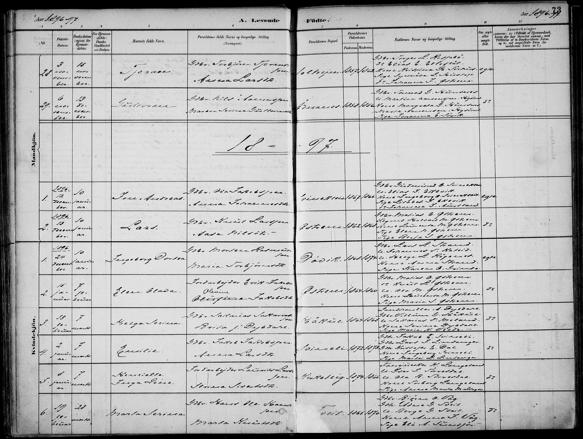 Skjold sokneprestkontor, SAST/A-101847/H/Ha/Haa/L0010: Parish register (official) no. A 10, 1882-1897, p. 73