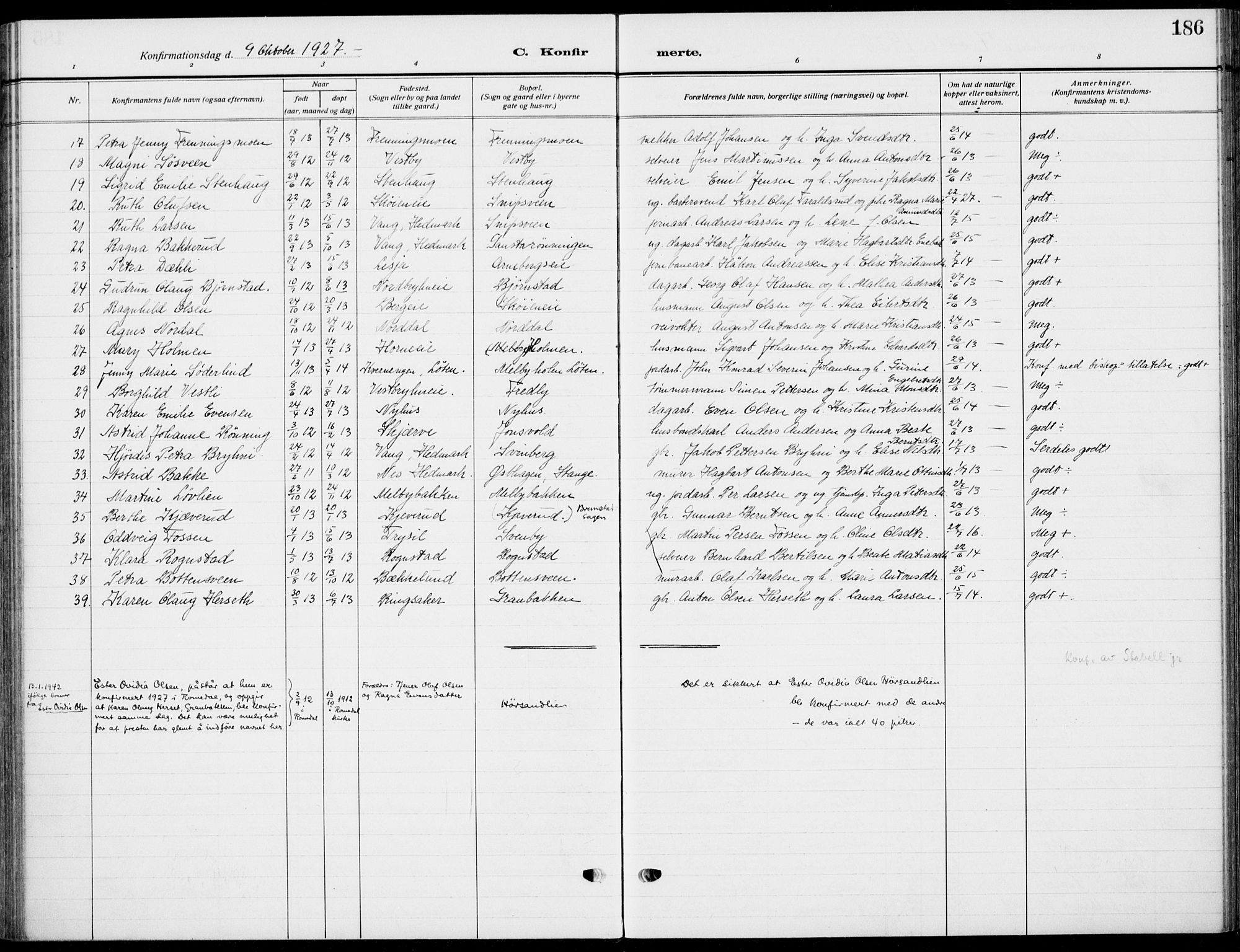 Romedal prestekontor, AV/SAH-PREST-004/K/L0012: Parish register (official) no. 12, 1913-1935, p. 186