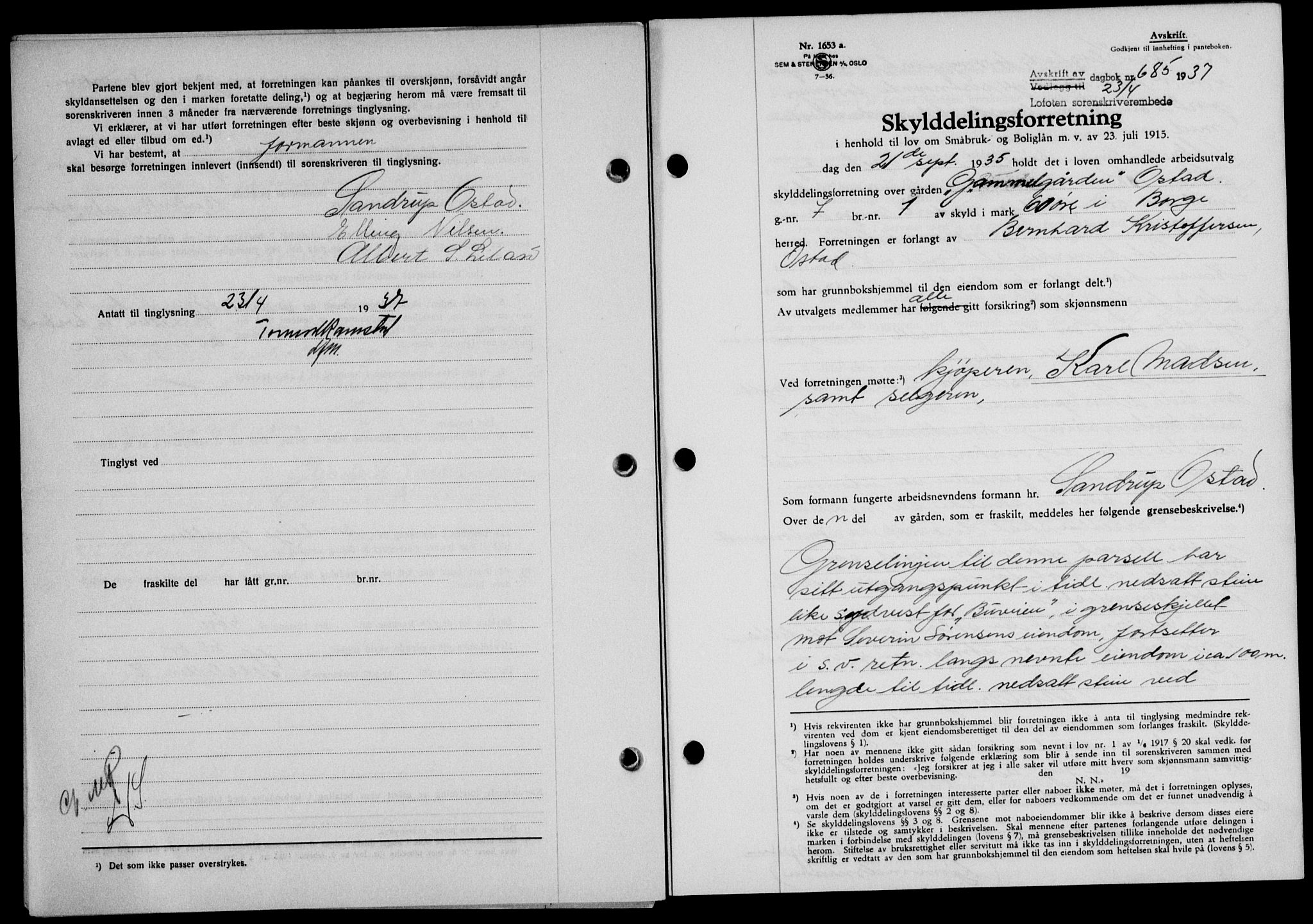 Lofoten sorenskriveri, SAT/A-0017/1/2/2C/L0002a: Mortgage book no. 2a, 1937-1937, Diary no: : 685/1937