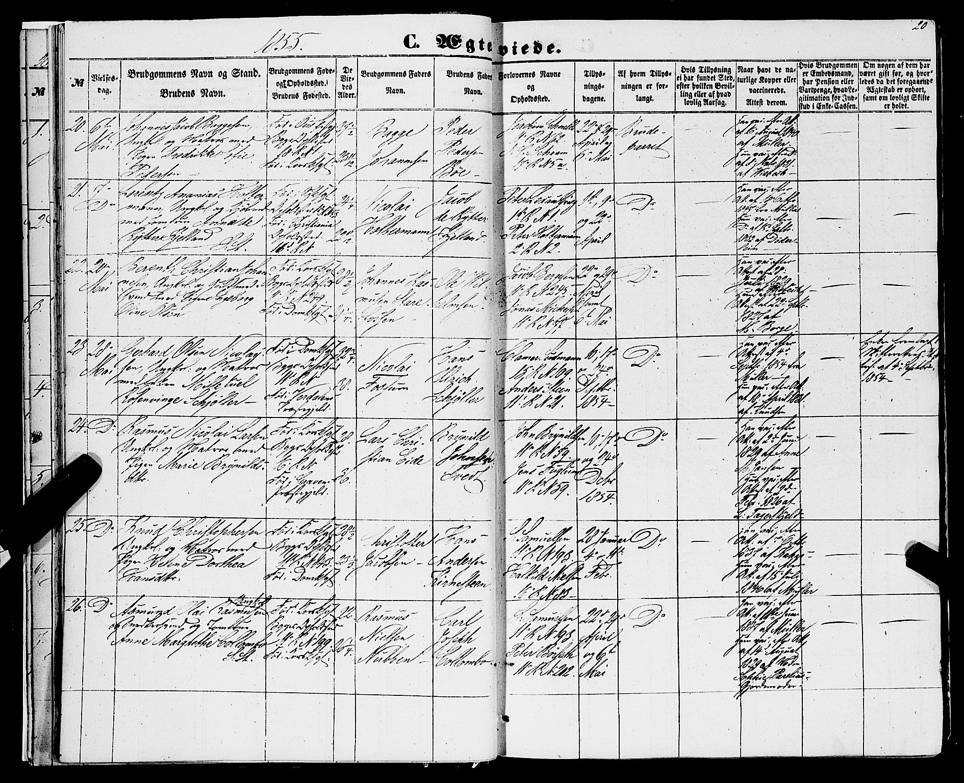 Domkirken sokneprestembete, SAB/A-74801/H/Haa/L0034: Parish register (official) no. D 2, 1853-1874, p. 20
