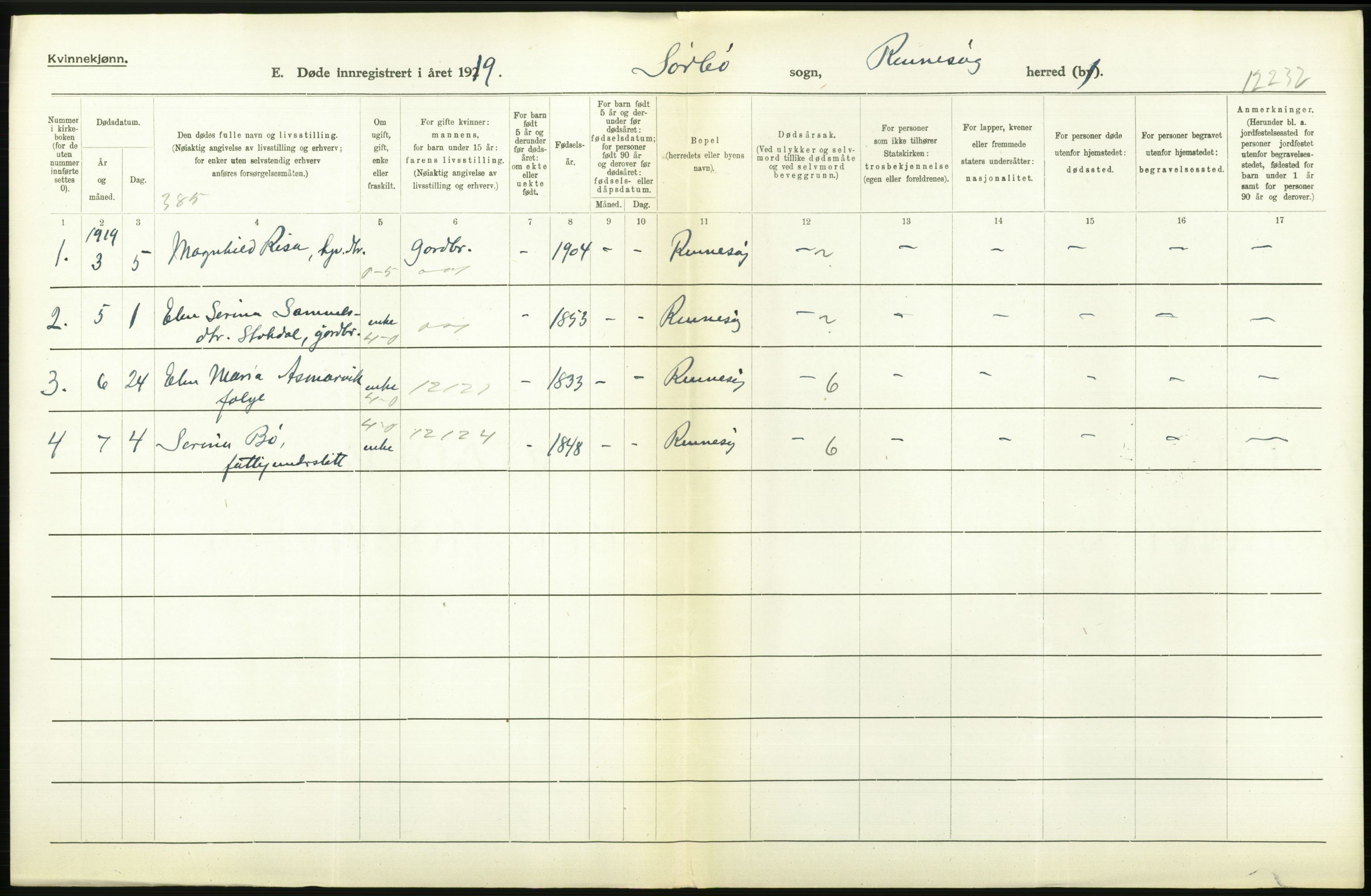 Statistisk sentralbyrå, Sosiodemografiske emner, Befolkning, RA/S-2228/D/Df/Dfb/Dfbi/L0030: Rogaland fylke: Døde. Bygder og byer., 1919, p. 282