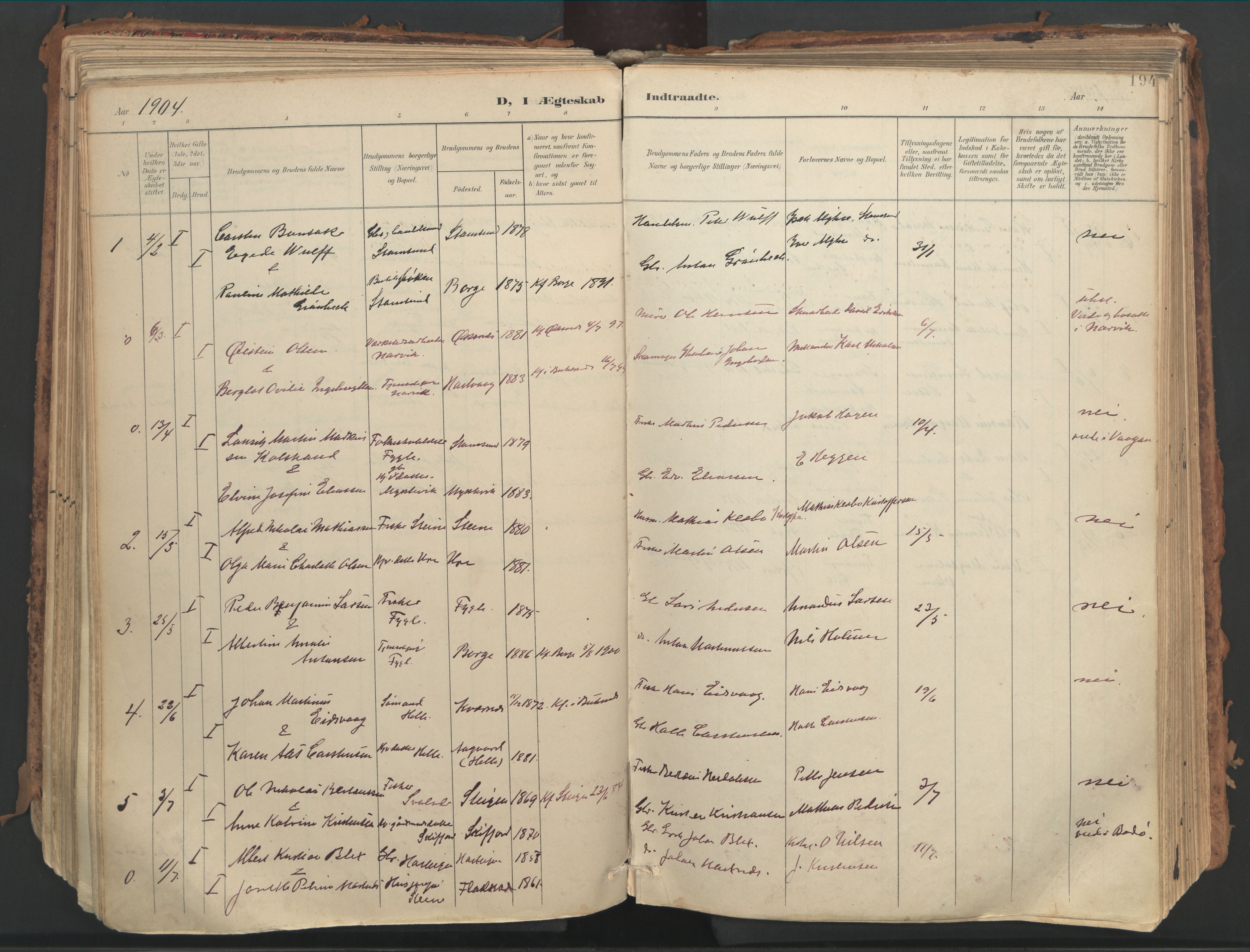 Ministerialprotokoller, klokkerbøker og fødselsregistre - Nordland, AV/SAT-A-1459/882/L1180: Parish register (official) no. 882A02, 1897-1913, p. 194