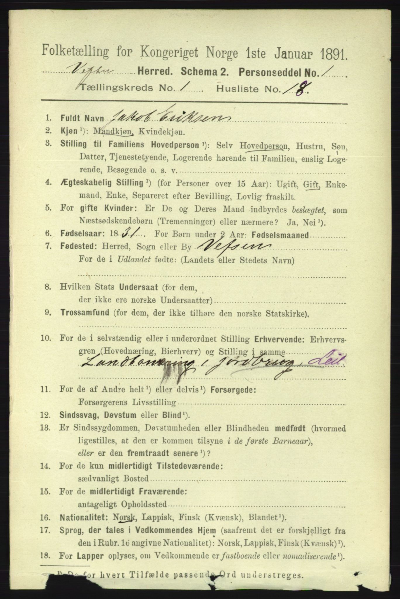 RA, 1891 census for 1824 Vefsn, 1891, p. 534