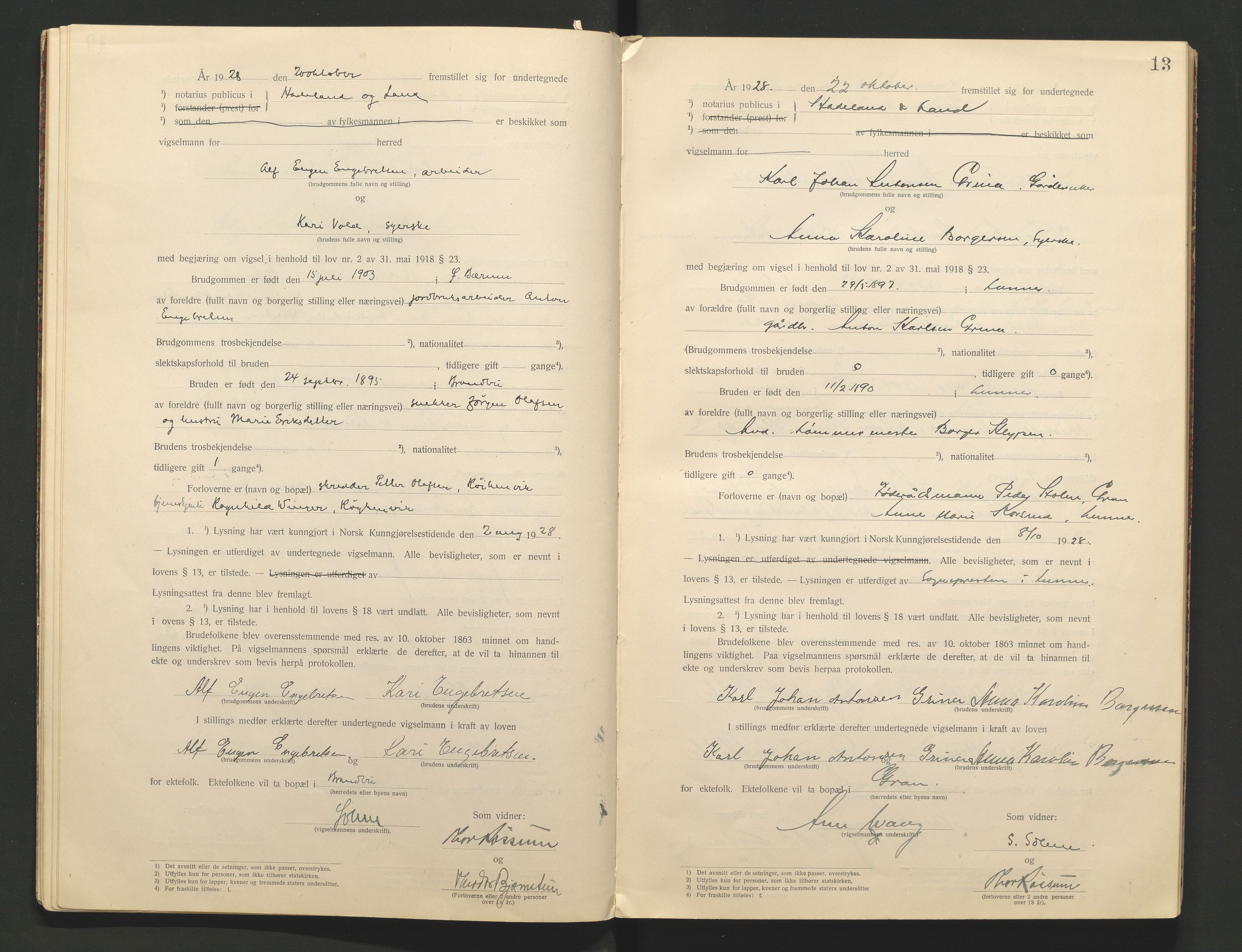 Hadeland og Land tingrett, AV/SAH-TING-010/L/Lb/L0001: Vigselbok, 1920-1943, p. 13