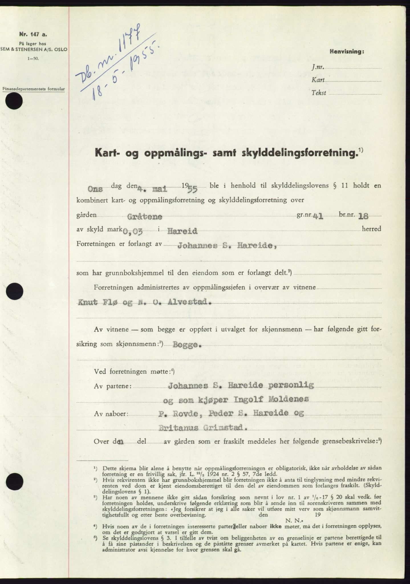 Søre Sunnmøre sorenskriveri, AV/SAT-A-4122/1/2/2C/L0101: Mortgage book no. 27A, 1955-1955, Diary no: : 1177/1955