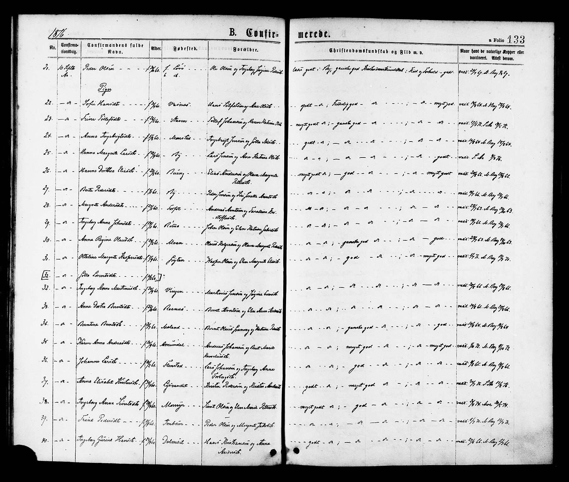 Ministerialprotokoller, klokkerbøker og fødselsregistre - Sør-Trøndelag, AV/SAT-A-1456/655/L0679: Parish register (official) no. 655A08, 1873-1879, p. 133