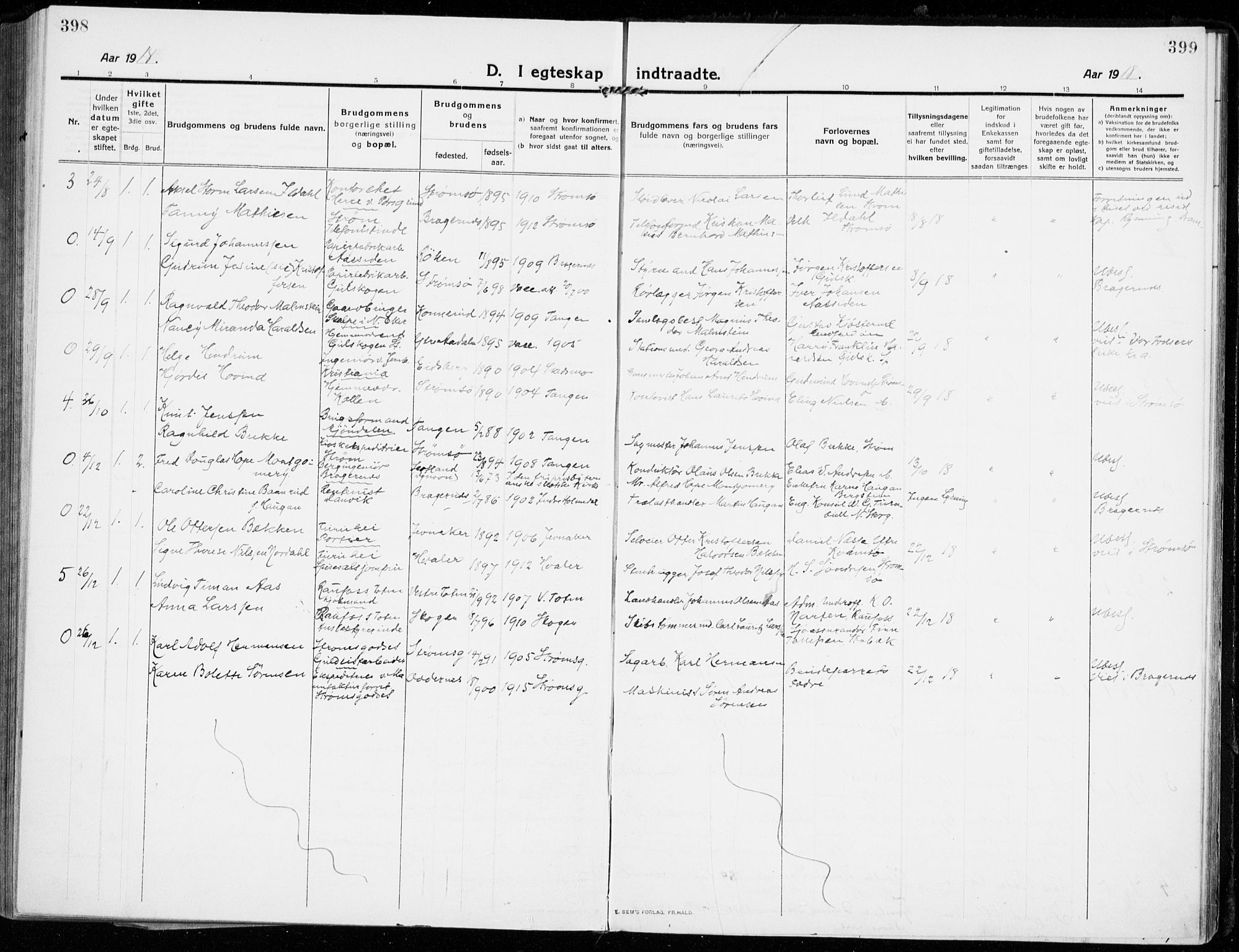 Strømsgodset kirkebøker, AV/SAKO-A-324/F/Fa/L0002: Parish register (official) no. 2, 1910-1920, p. 398-399