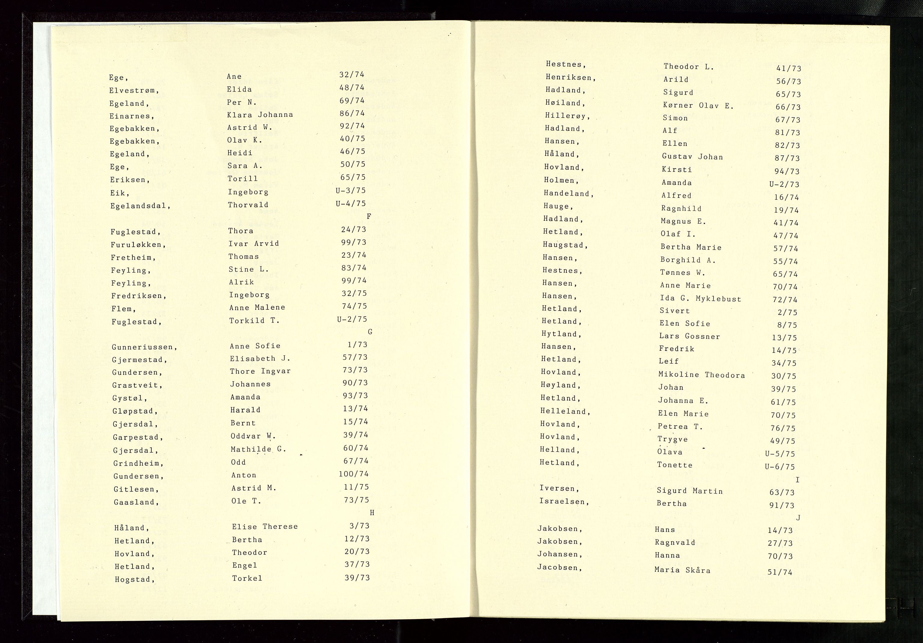 Eigersund lensmannskontor, AV/SAST-A-100171/Gga/L0023: "Lensmannens dødsfallsprotokoll" m/alfabetisk navneregister, 1973-1975