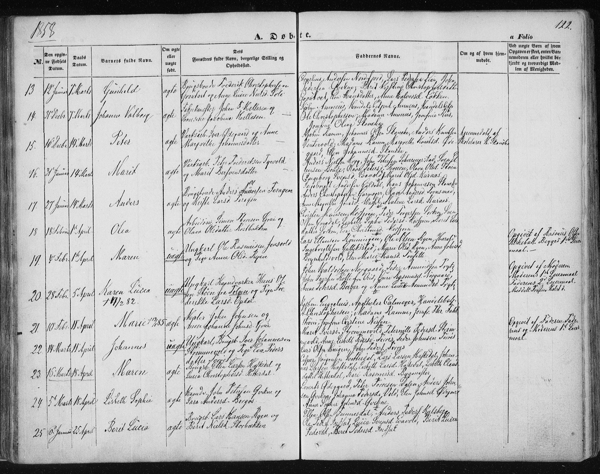 Ministerialprotokoller, klokkerbøker og fødselsregistre - Sør-Trøndelag, SAT/A-1456/681/L0931: Parish register (official) no. 681A09, 1845-1859, p. 122
