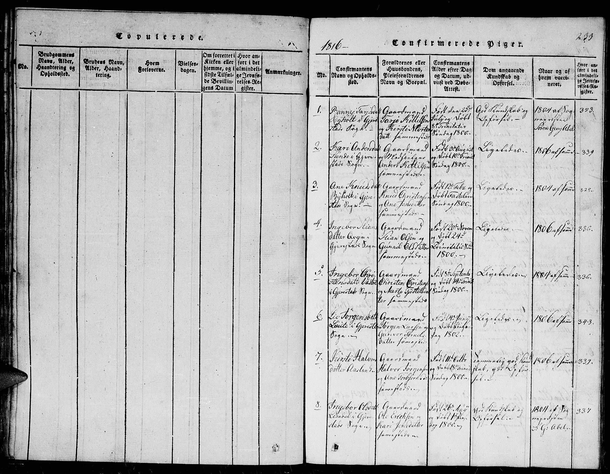 Gjerstad sokneprestkontor, SAK/1111-0014/F/Fb/Fba/L0002: Parish register (copy) no. B 2, 1816-1845, p. 233