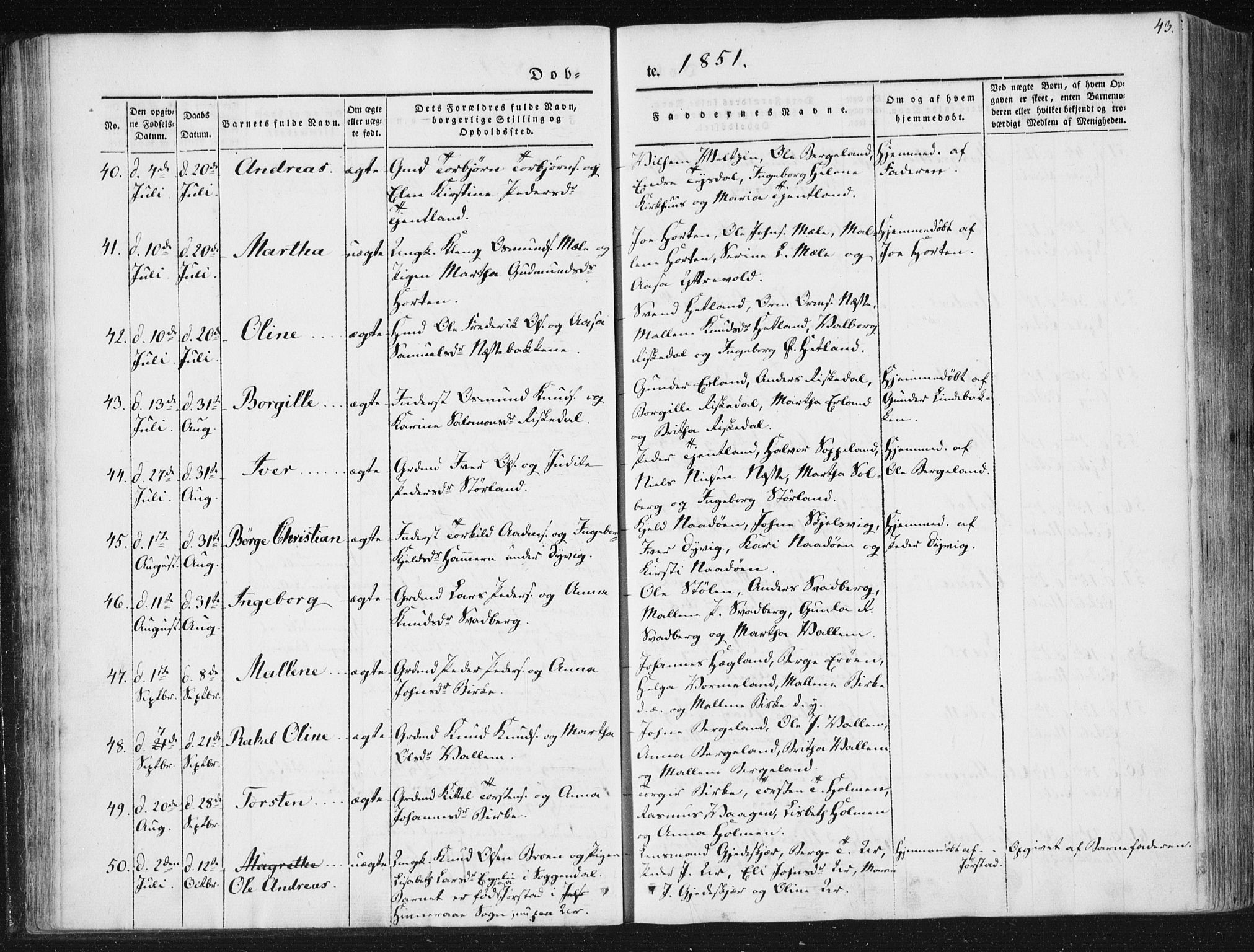 Hjelmeland sokneprestkontor, AV/SAST-A-101843/01/IV/L0008: Parish register (official) no. A 8, 1842-1861, p. 43