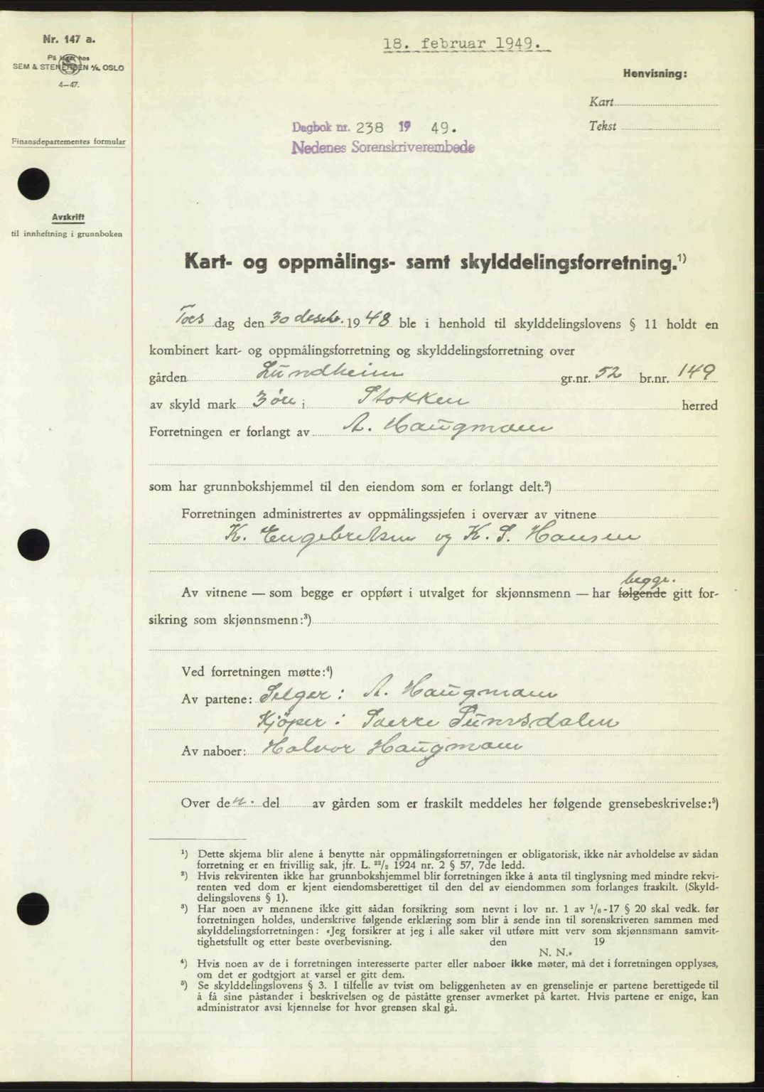 Nedenes sorenskriveri, AV/SAK-1221-0006/G/Gb/Gba/L0060: Mortgage book no. A12, 1948-1949, Diary no: : 238/1949