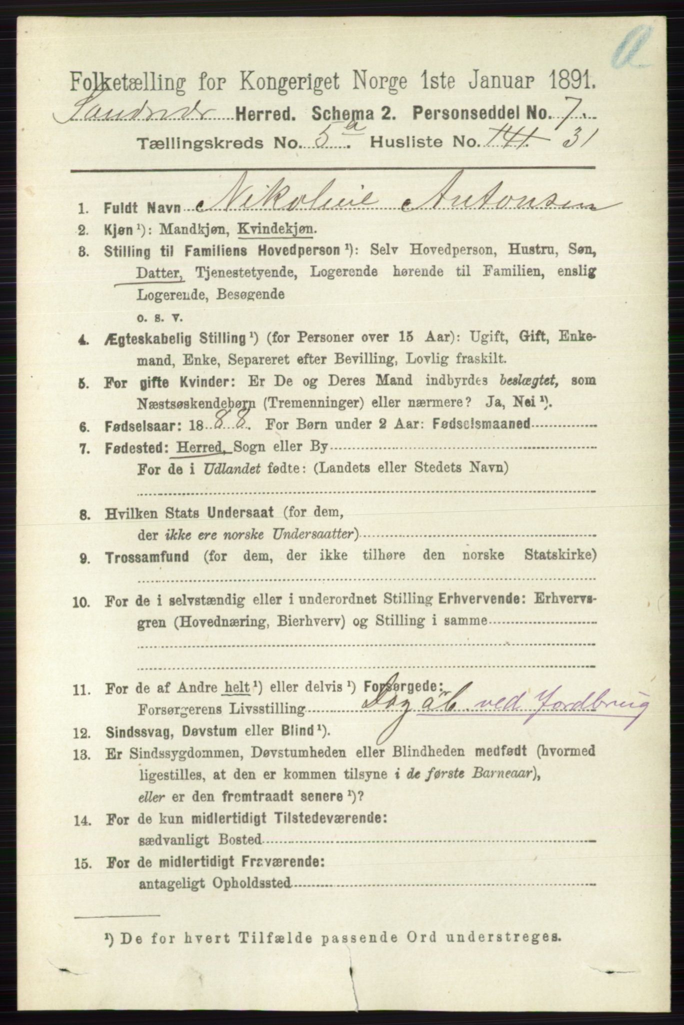 RA, 1891 census for 0629 Sandsvær, 1891, p. 2669