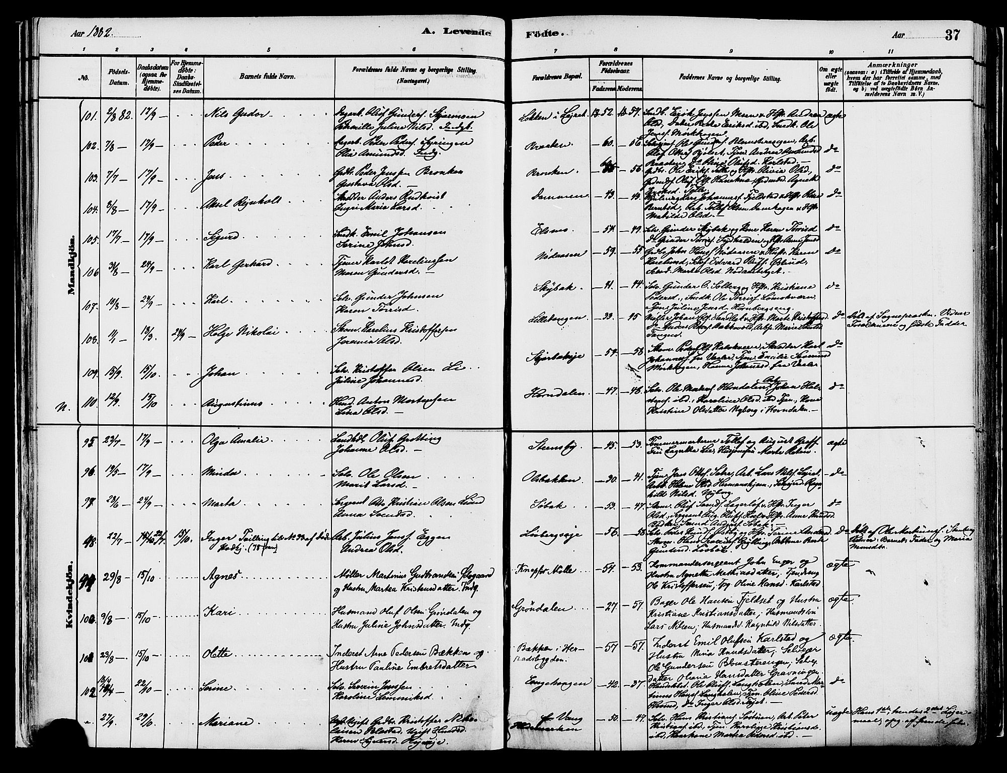 Elverum prestekontor, AV/SAH-PREST-044/H/Ha/Haa/L0013: Parish register (official) no. 13, 1880-1890, p. 37