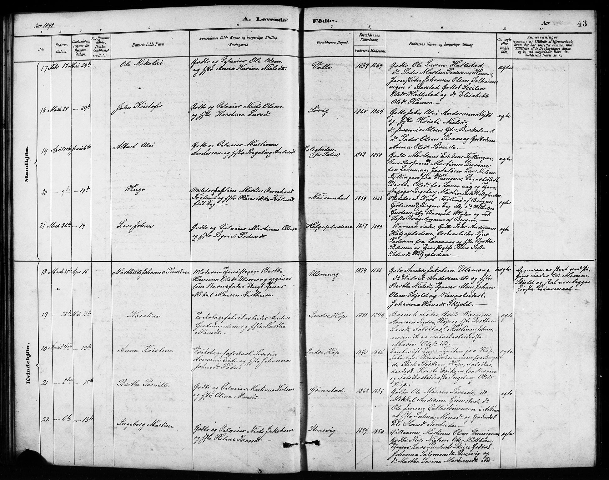 Birkeland Sokneprestembete, SAB/A-74601/H/Hab: Parish register (copy) no. A 4, 1888-1897, p. 43