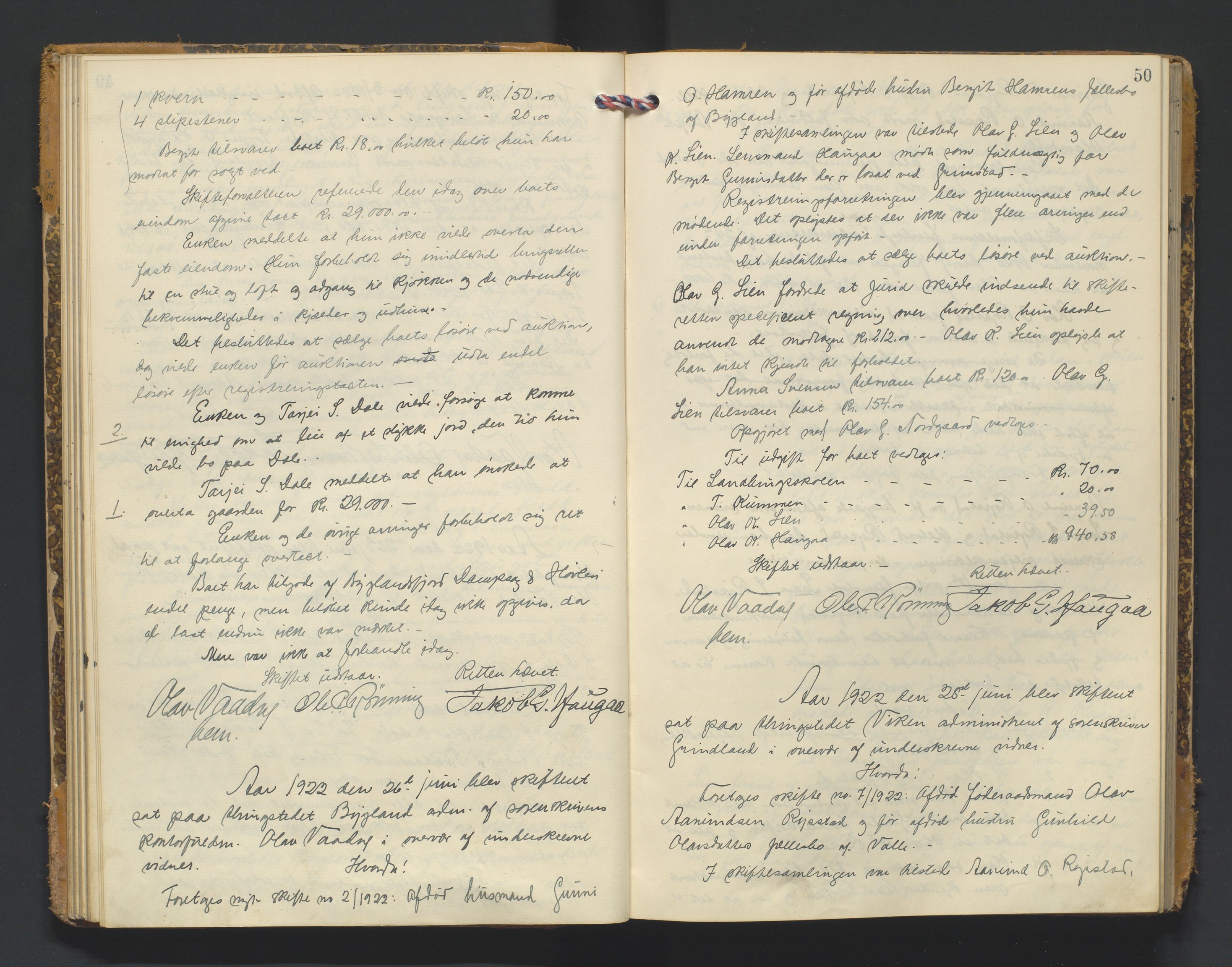 Setesdal sorenskriveri, AV/SAK-1221-0011/H/Hc/L0040: Skifteforhandlingsprotokoll nr 12, 1920-1927, p. 50