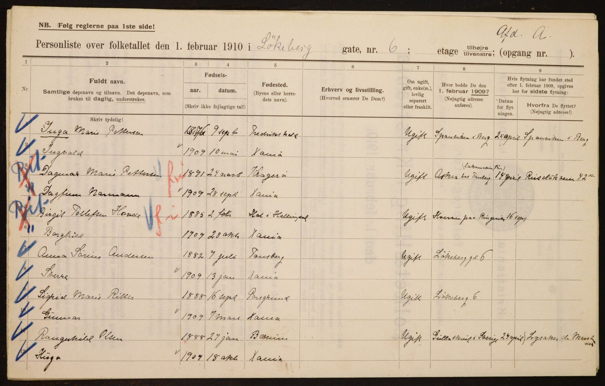 OBA, Municipal Census 1910 for Kristiania, 1910, p. 56562