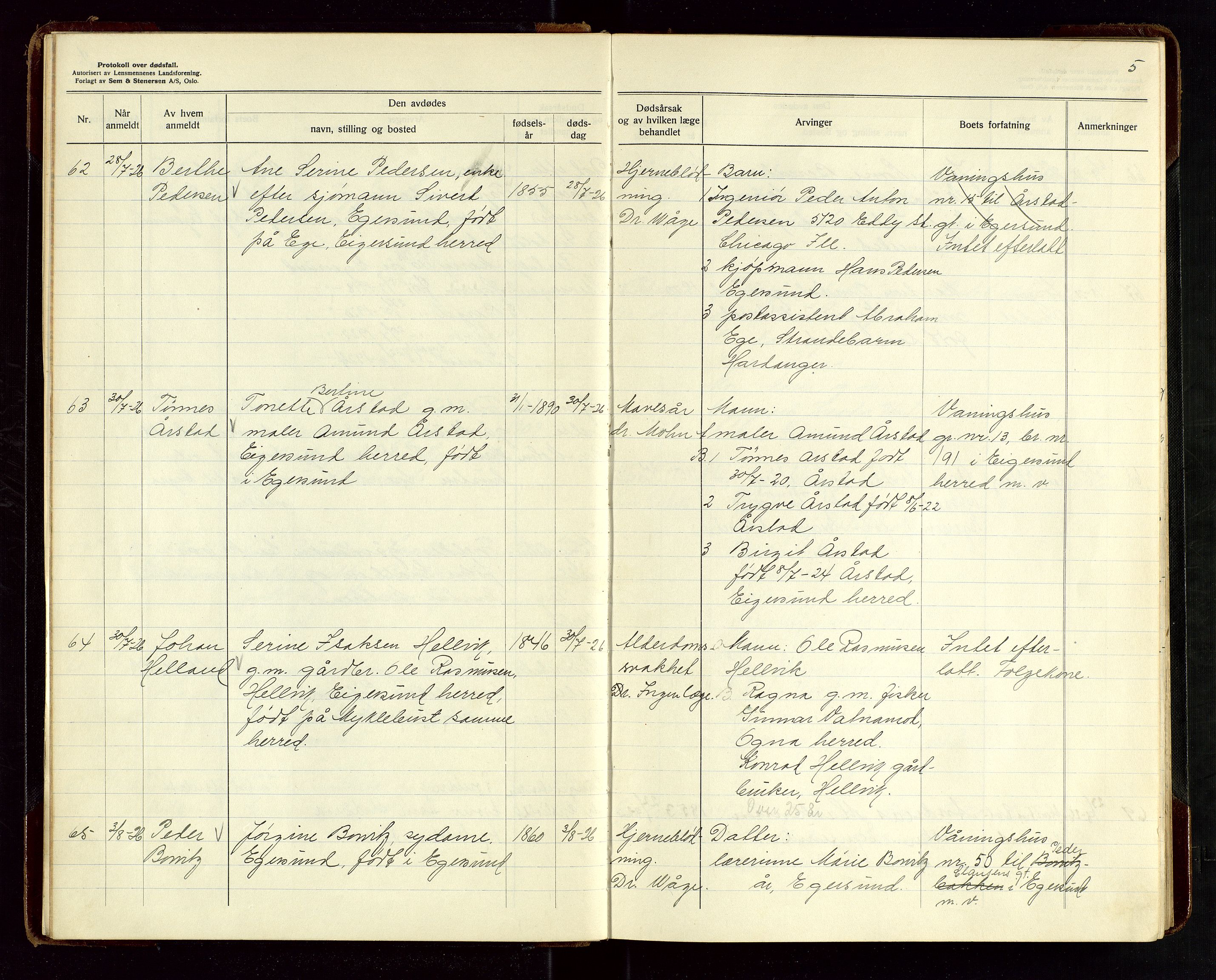 Eigersund lensmannskontor, AV/SAST-A-100171/Gga/L0010: "Protokoll over anmeldte dødsfall" m/alfabetisk navneregister, 1926-1928, p. 5