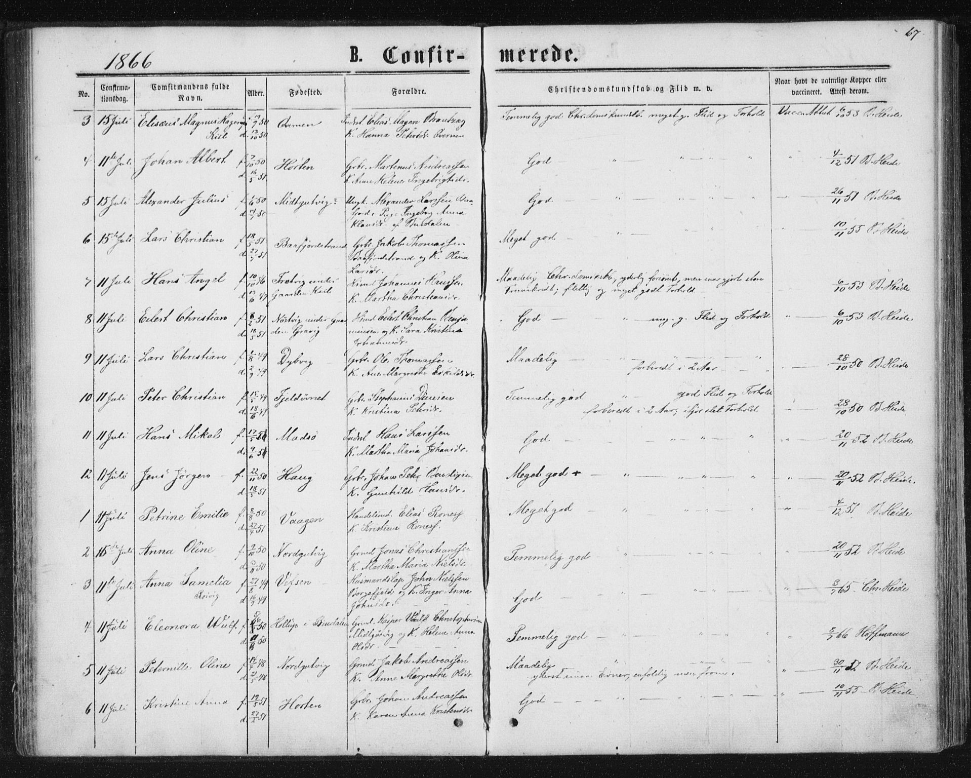Ministerialprotokoller, klokkerbøker og fødselsregistre - Nord-Trøndelag, AV/SAT-A-1458/788/L0696: Parish register (official) no. 788A03, 1863-1877, p. 67