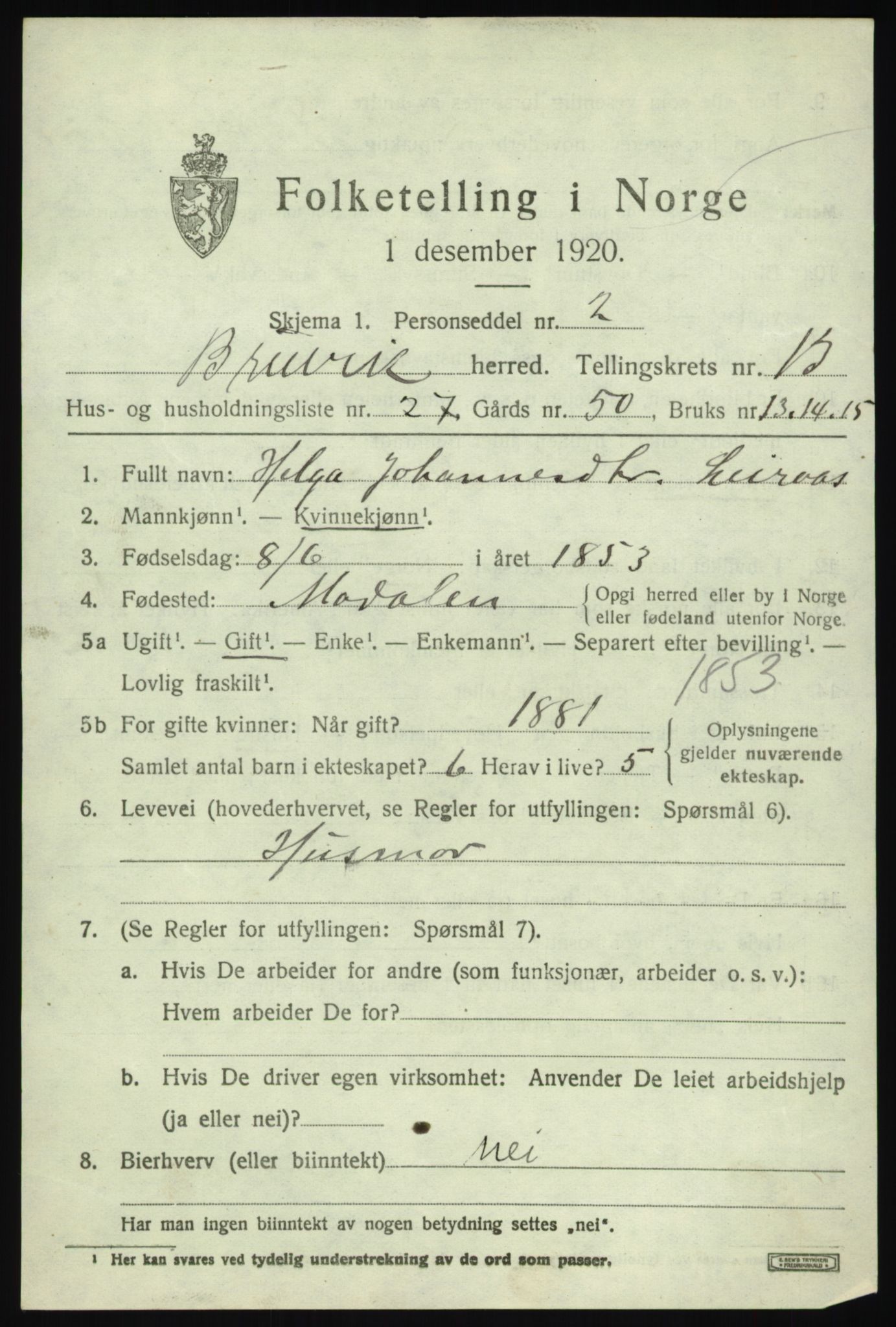 SAB, 1920 census for Bruvik, 1920, p. 8506