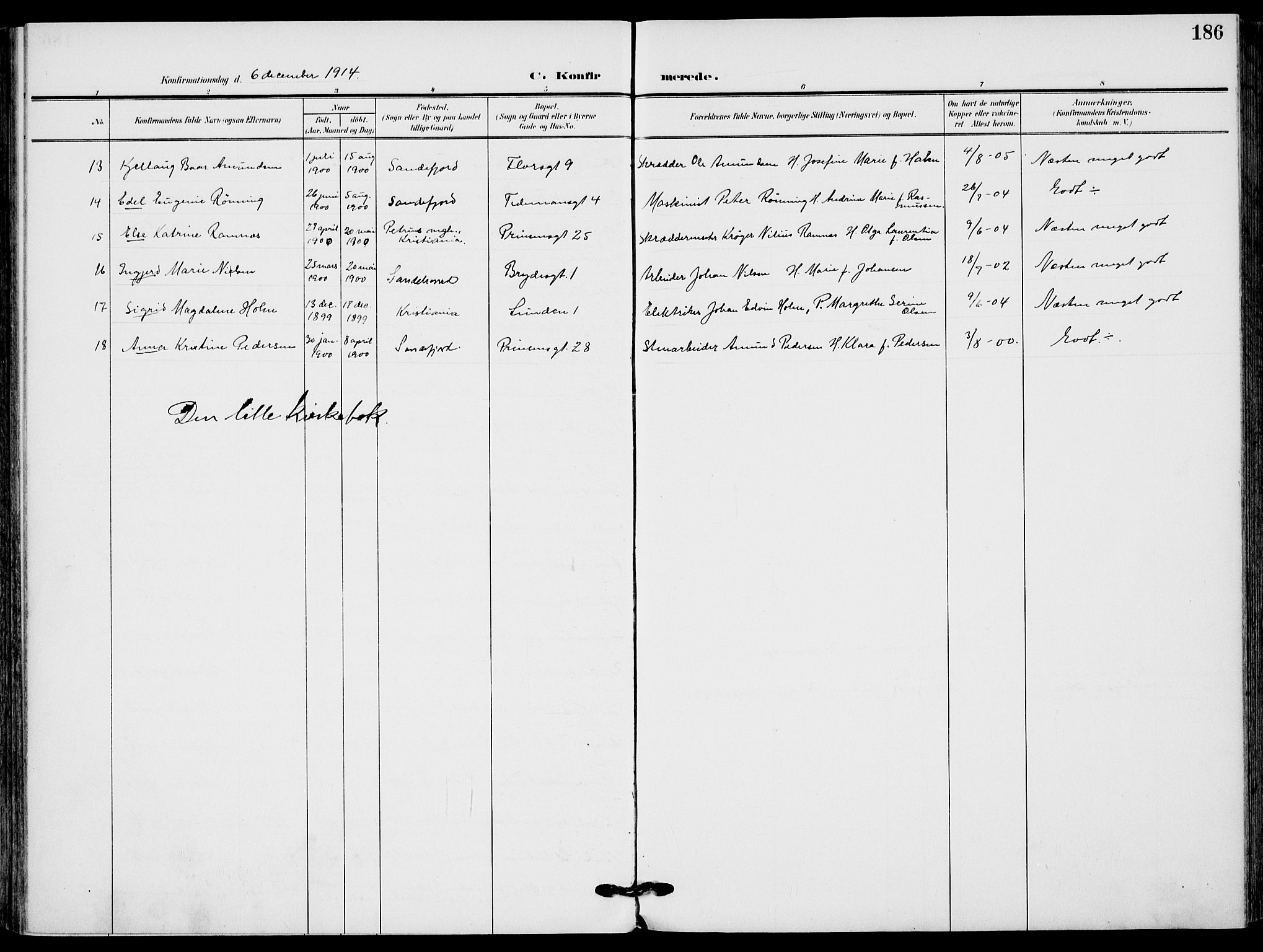 Sandefjord kirkebøker, AV/SAKO-A-315/F/Fa/L0005: Parish register (official) no. 5, 1906-1915, p. 186