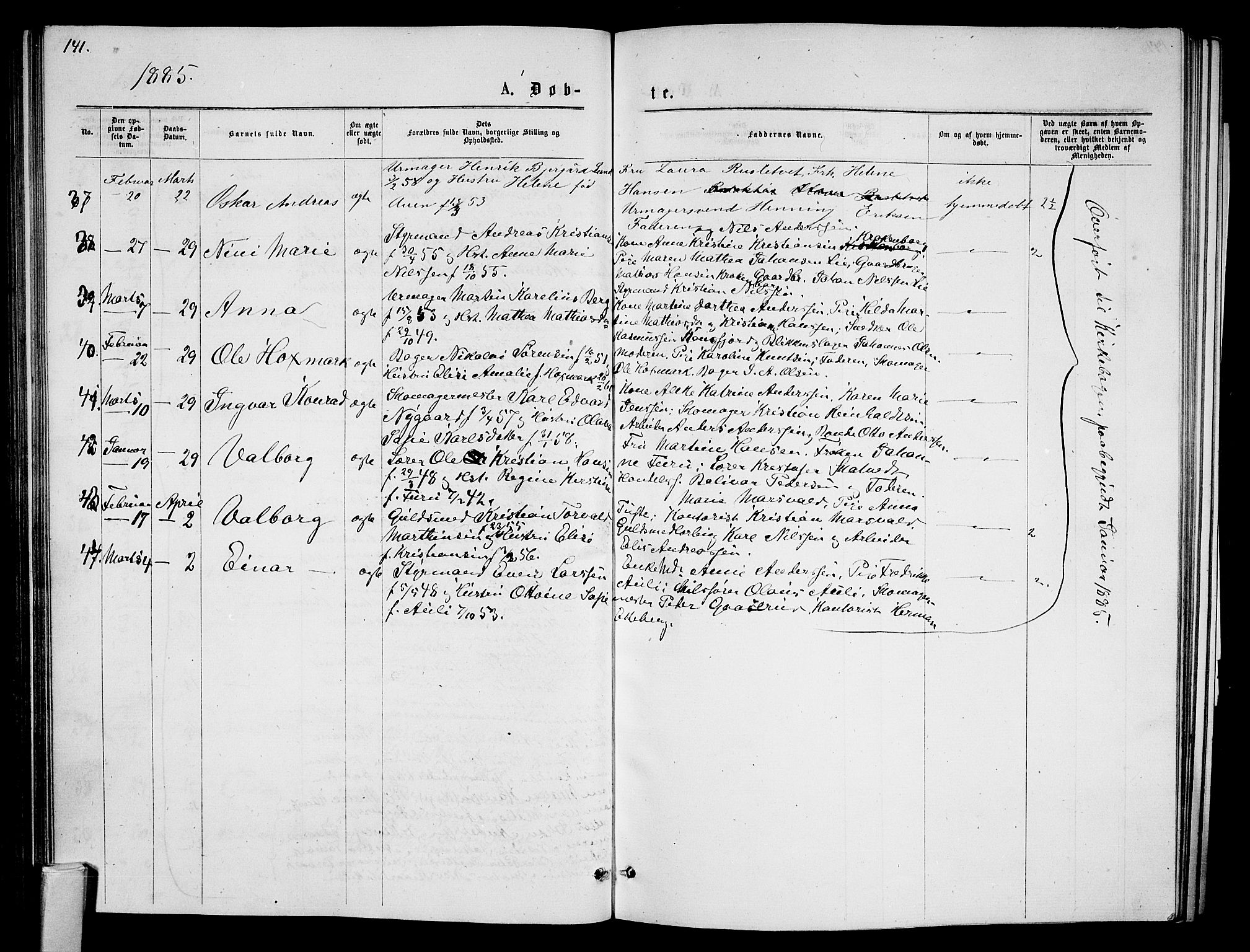 Tønsberg kirkebøker, SAKO/A-330/G/Ga/L0005: Parish register (copy) no. 5, 1875-1885, p. 141