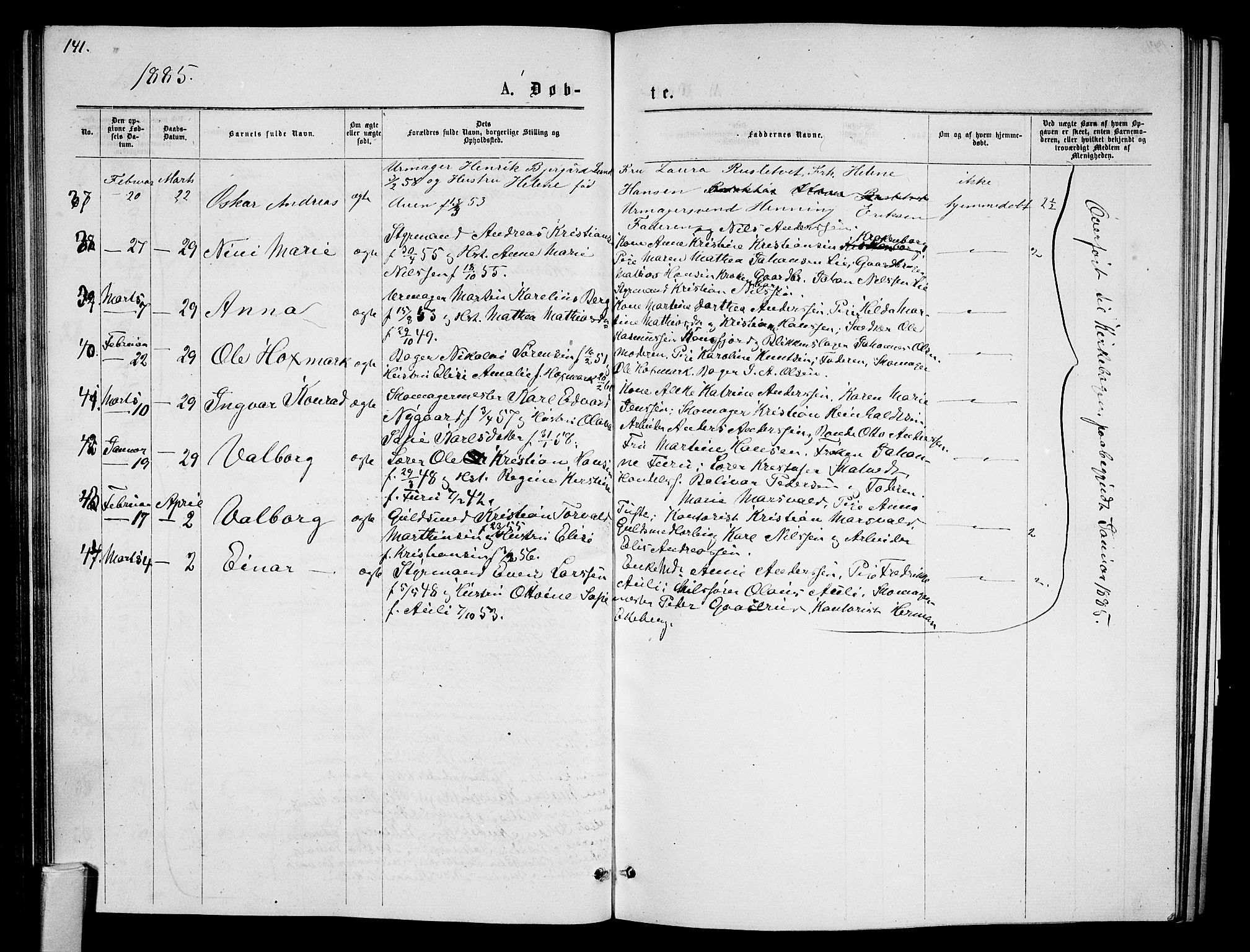 Tønsberg kirkebøker, AV/SAKO-A-330/G/Ga/L0005: Parish register (copy) no. 5, 1875-1885, p. 141