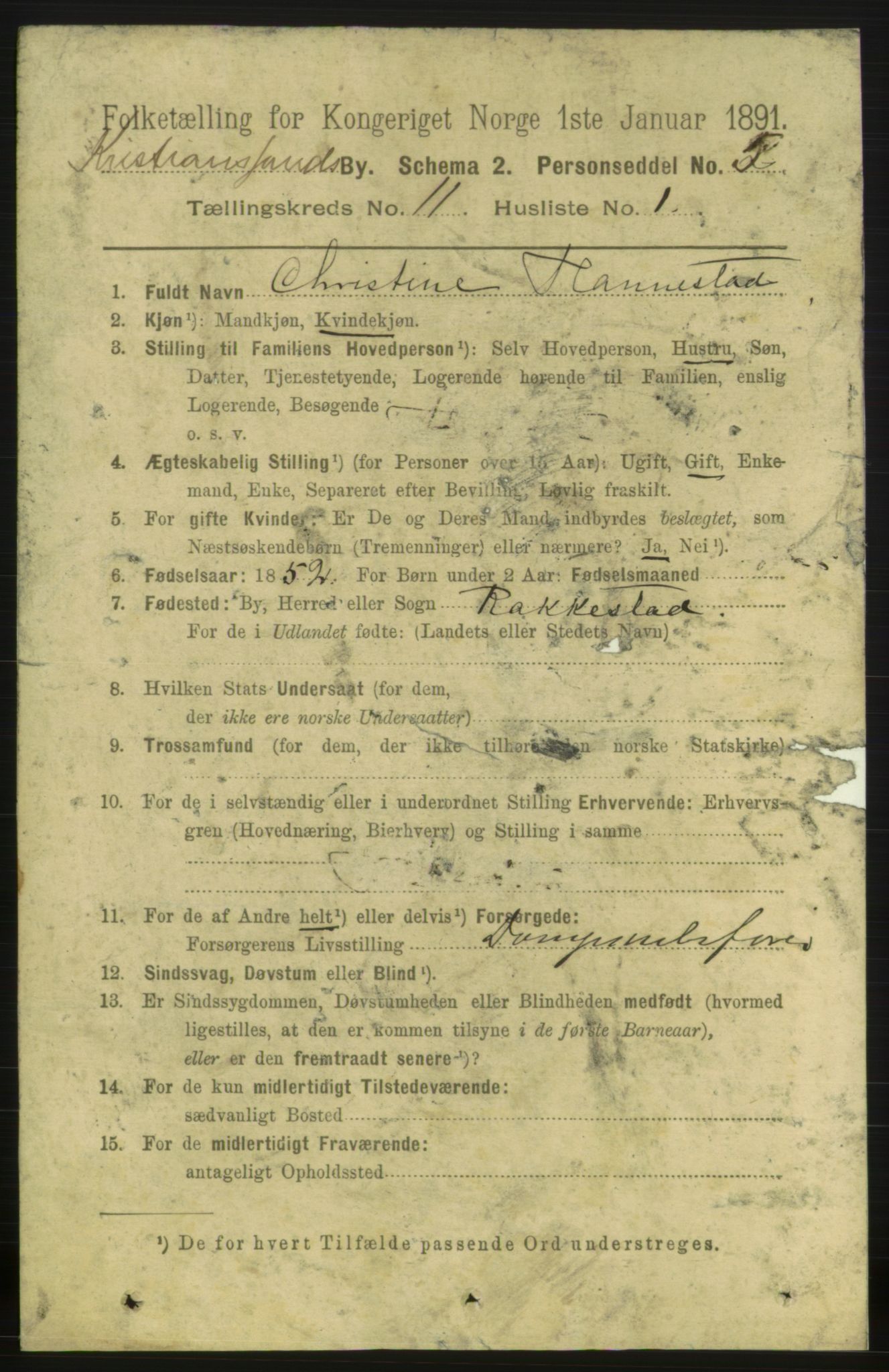 RA, 1891 census for 1001 Kristiansand, 1891, p. 5588