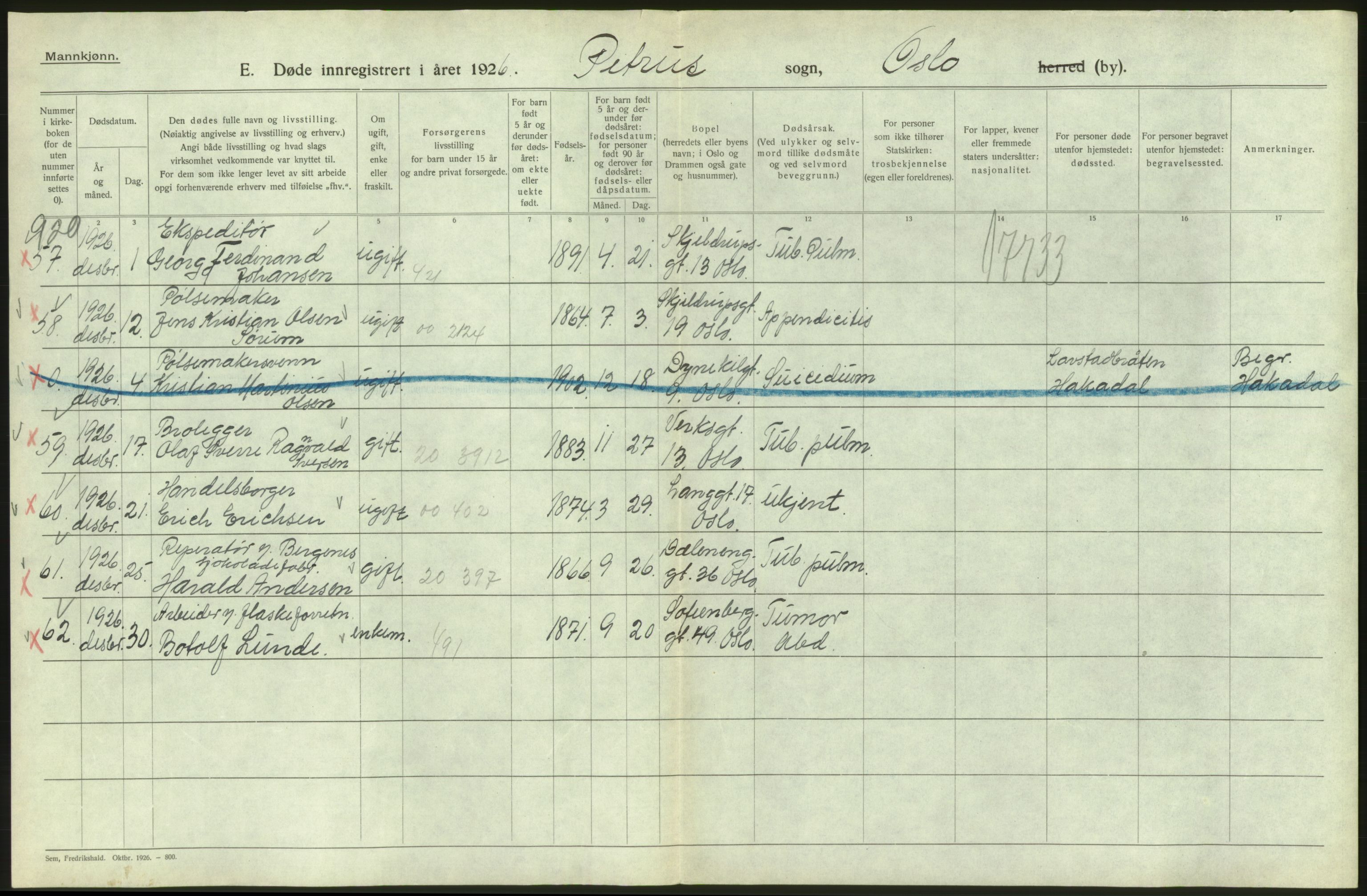 Statistisk sentralbyrå, Sosiodemografiske emner, Befolkning, AV/RA-S-2228/D/Df/Dfc/Dfcf/L0009: Oslo: Døde menn, 1926, p. 288