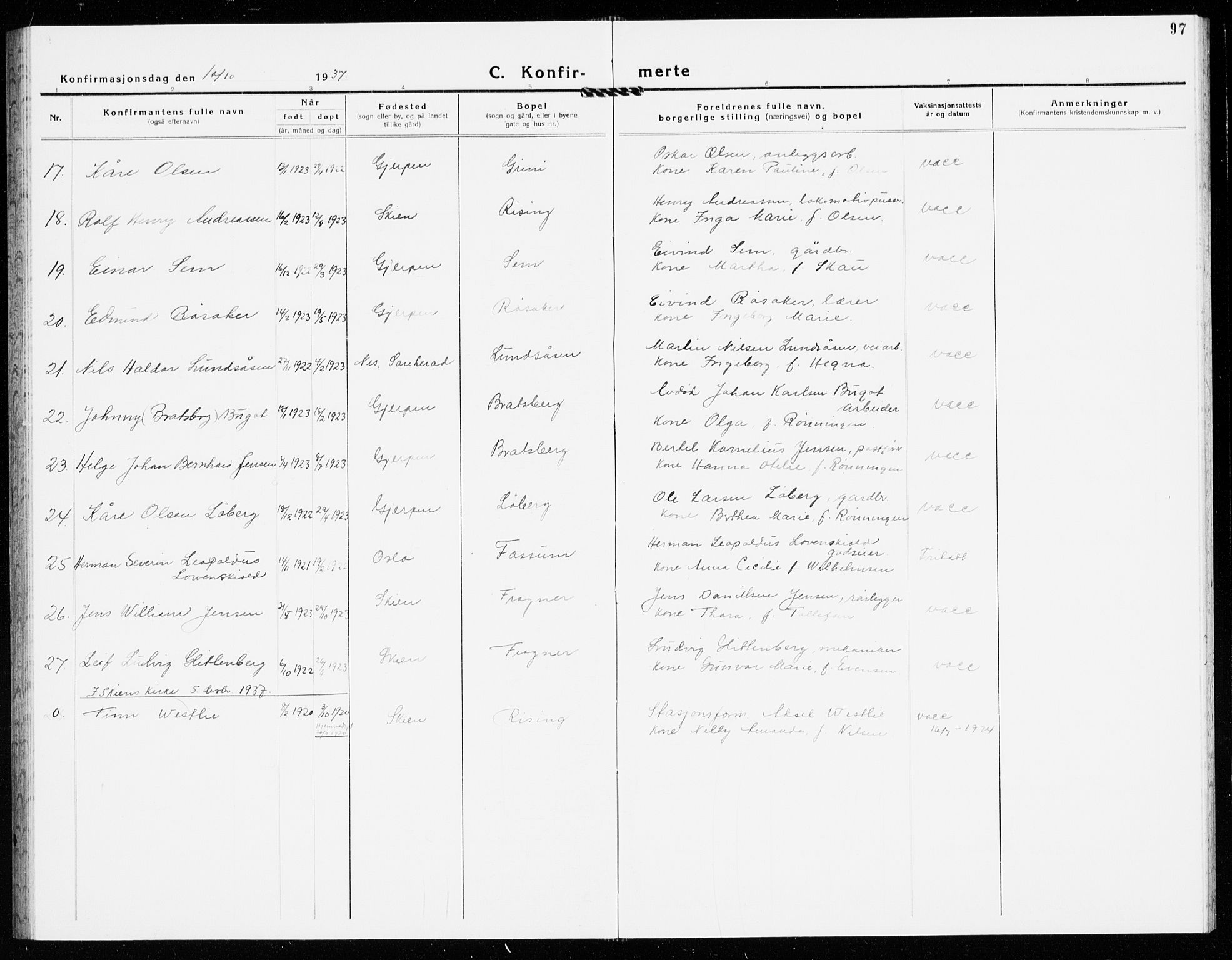 Gjerpen kirkebøker, AV/SAKO-A-265/G/Ga/L0005: Parish register (copy) no. I 5, 1932-1940, p. 97