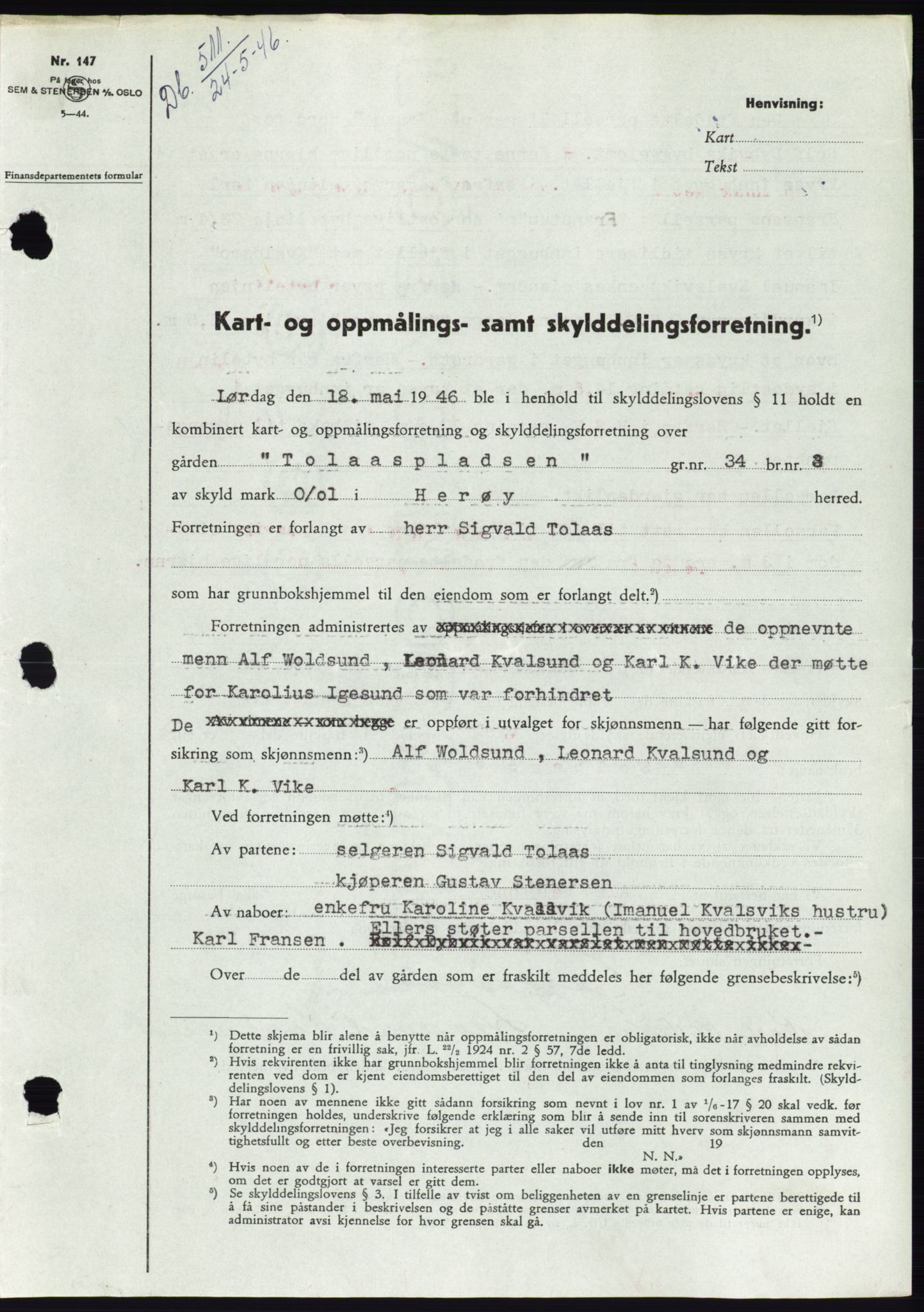 Søre Sunnmøre sorenskriveri, AV/SAT-A-4122/1/2/2C/L0078: Mortgage book no. 4A, 1946-1946, Diary no: : 511/1946