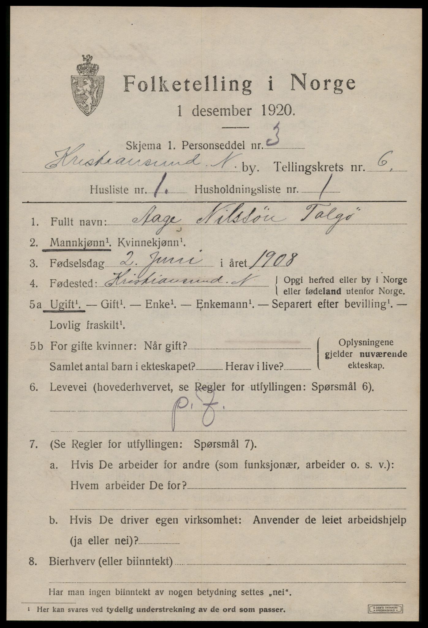 SAT, 1920 census for Kristiansund, 1920, p. 17029