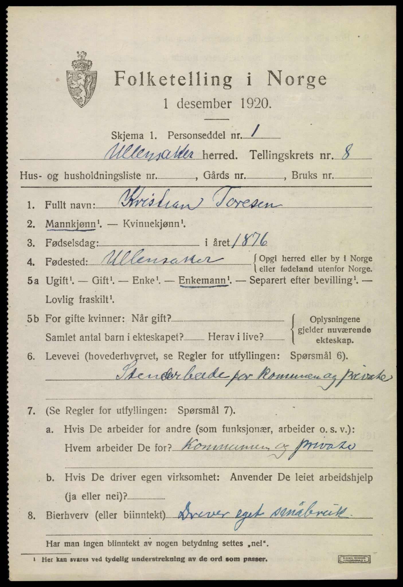 SAO, 1920 census for Ullensaker, 1920, p. 14289