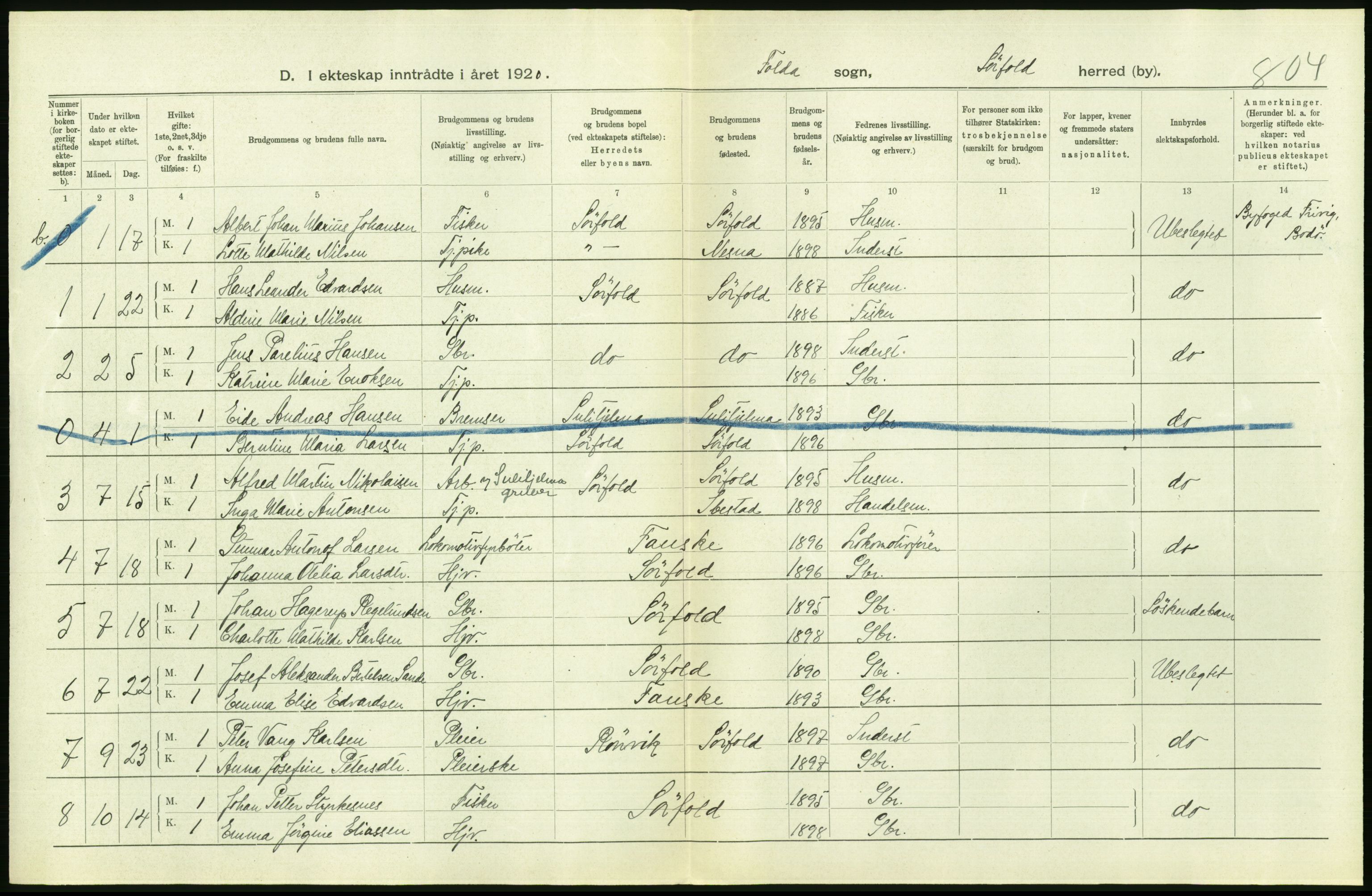 Statistisk sentralbyrå, Sosiodemografiske emner, Befolkning, AV/RA-S-2228/D/Df/Dfb/Dfbj/L0057: Nordland fylke: Gifte, dødfødte. Bygder og byer., 1920, p. 174