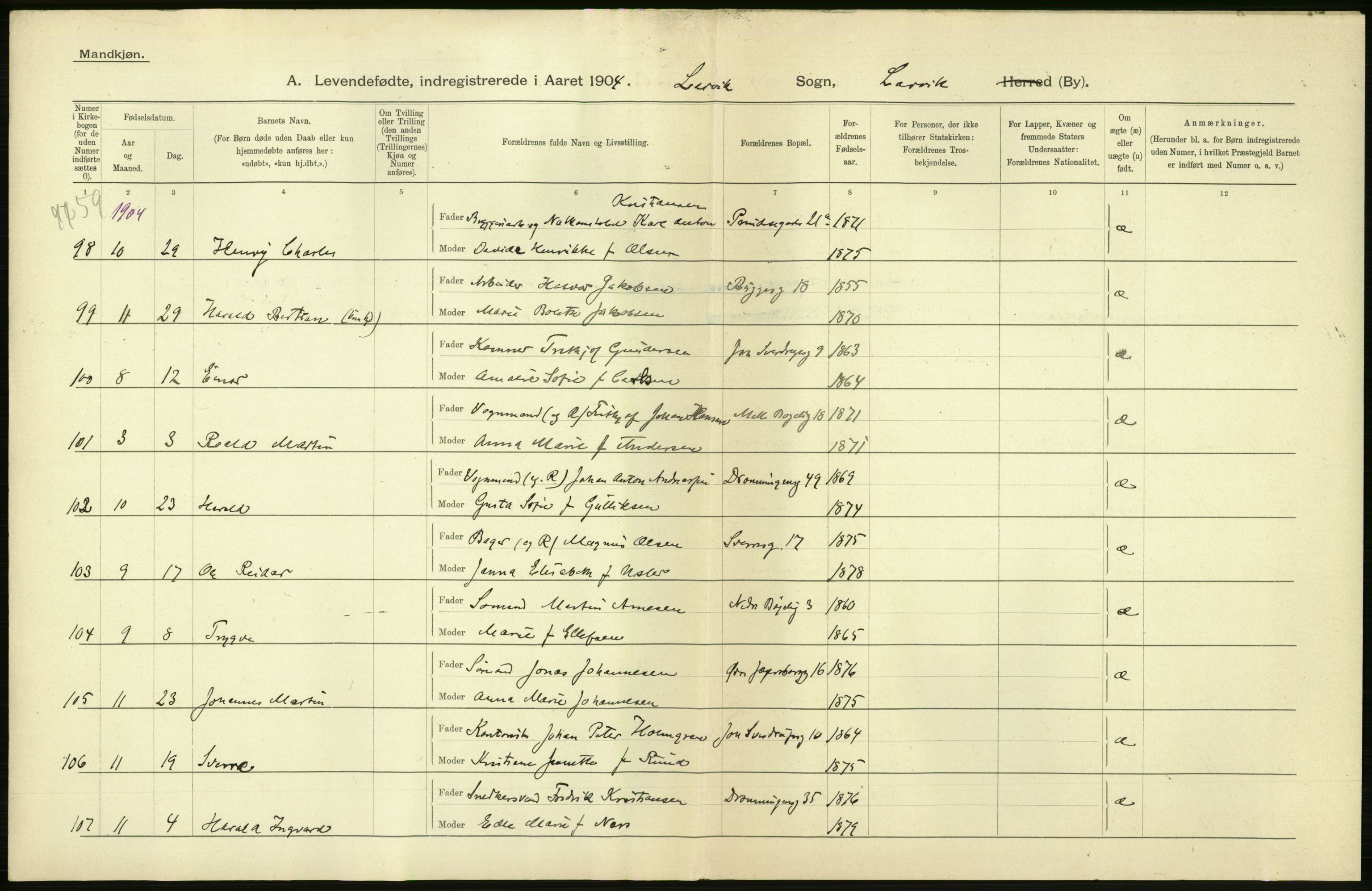 Statistisk sentralbyrå, Sosiodemografiske emner, Befolkning, AV/RA-S-2228/D/Df/Dfa/Dfab/L0008: Jarlsberg og Larvig amt: Fødte, gifte, døde, 1904, p. 266