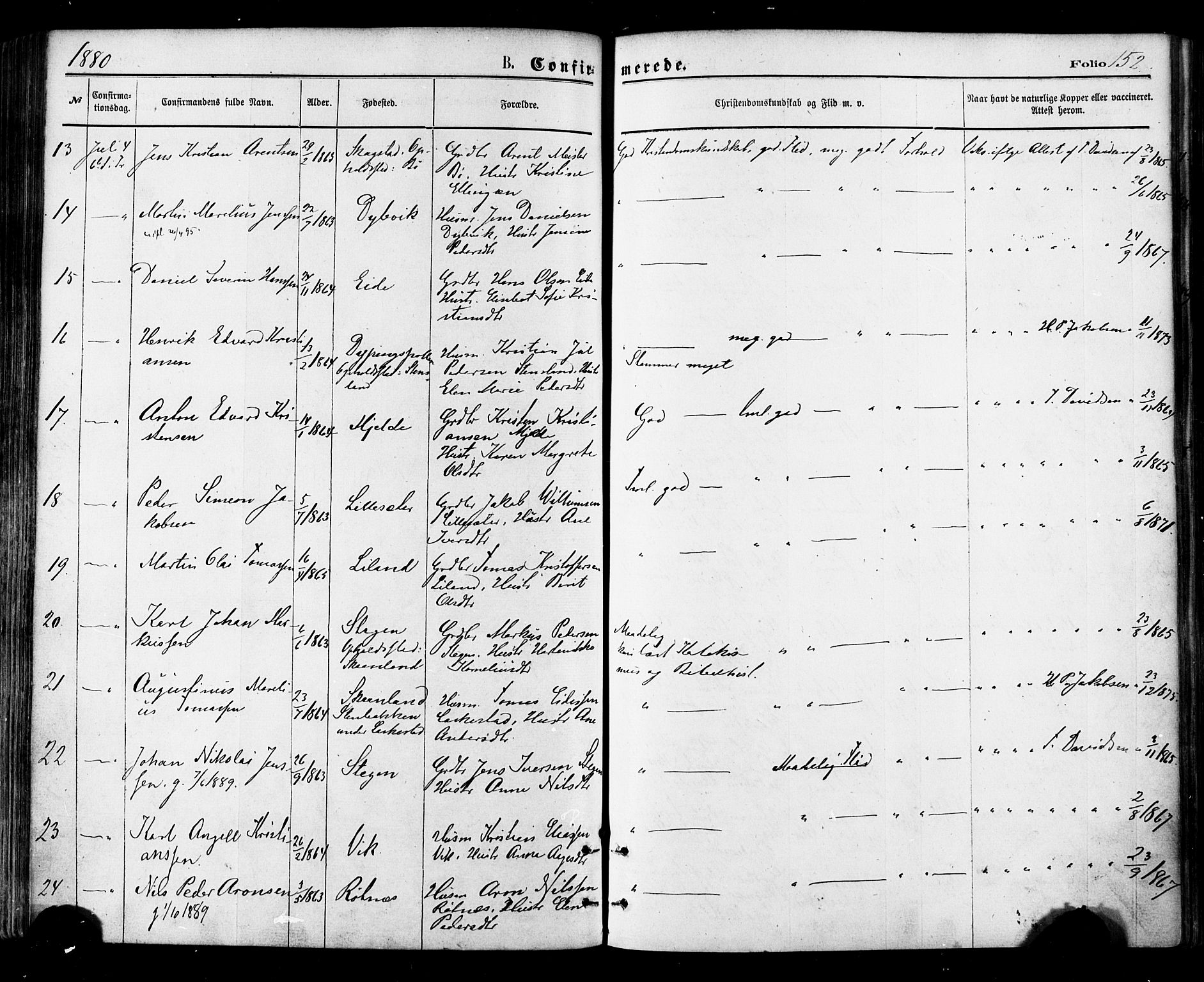 Ministerialprotokoller, klokkerbøker og fødselsregistre - Nordland, SAT/A-1459/855/L0802: Parish register (official) no. 855A10, 1875-1886, p. 152