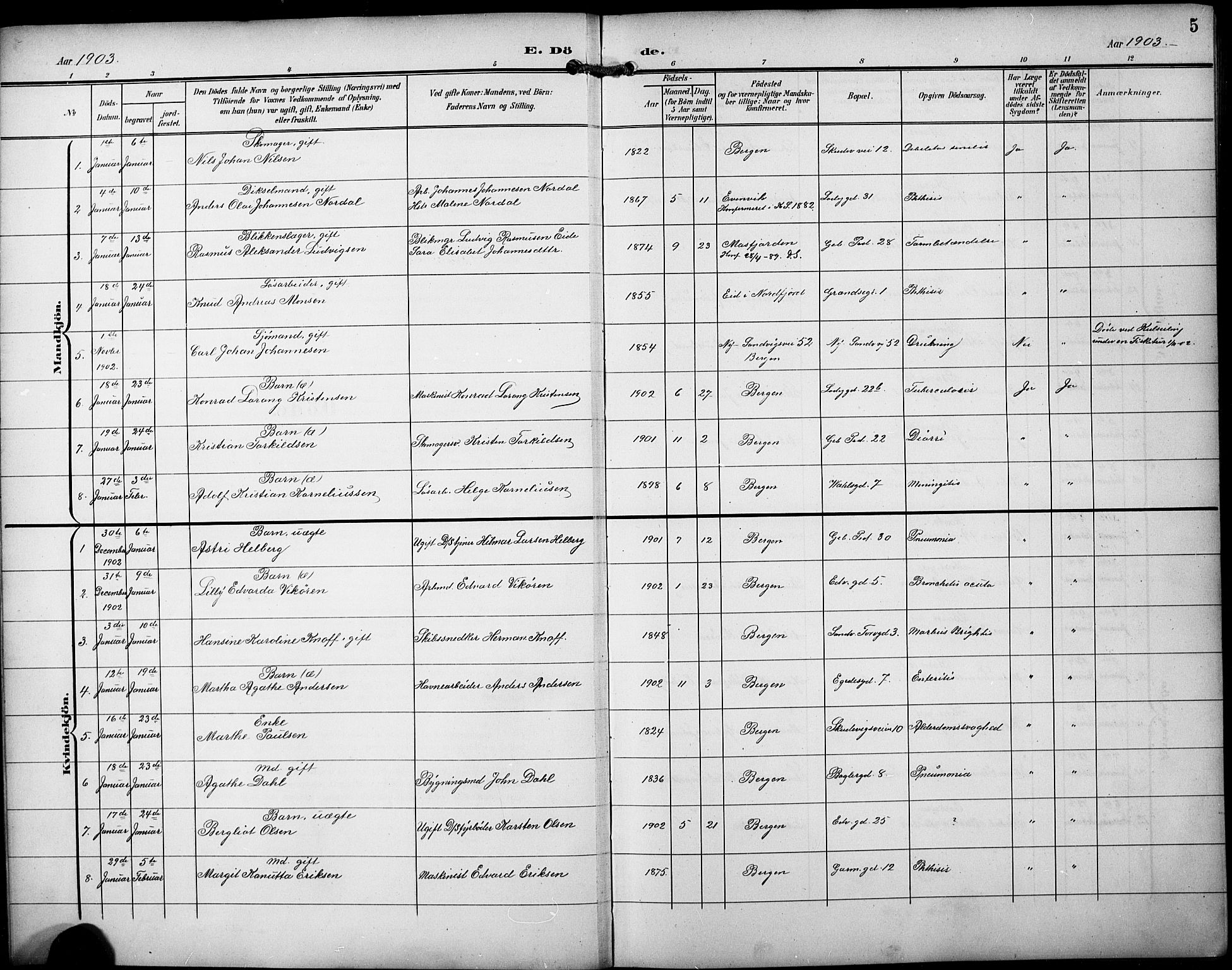 Sandviken Sokneprestembete, SAB/A-77601/H/Hb/L0017: Parish register (copy) no. E 1, 1903-1926, p. 5