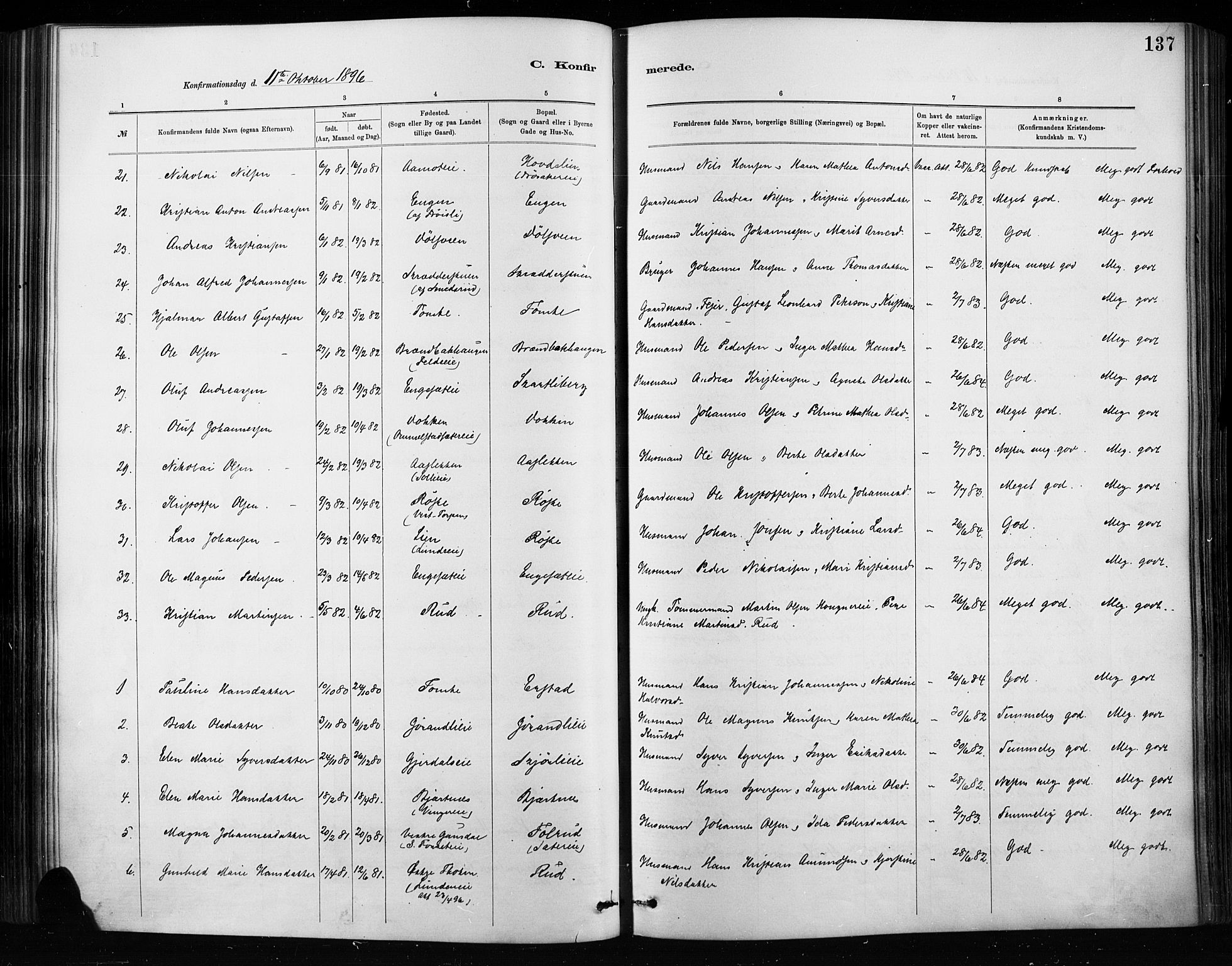 Nordre Land prestekontor, SAH/PREST-124/H/Ha/Haa/L0004: Parish register (official) no. 4, 1882-1896, p. 137