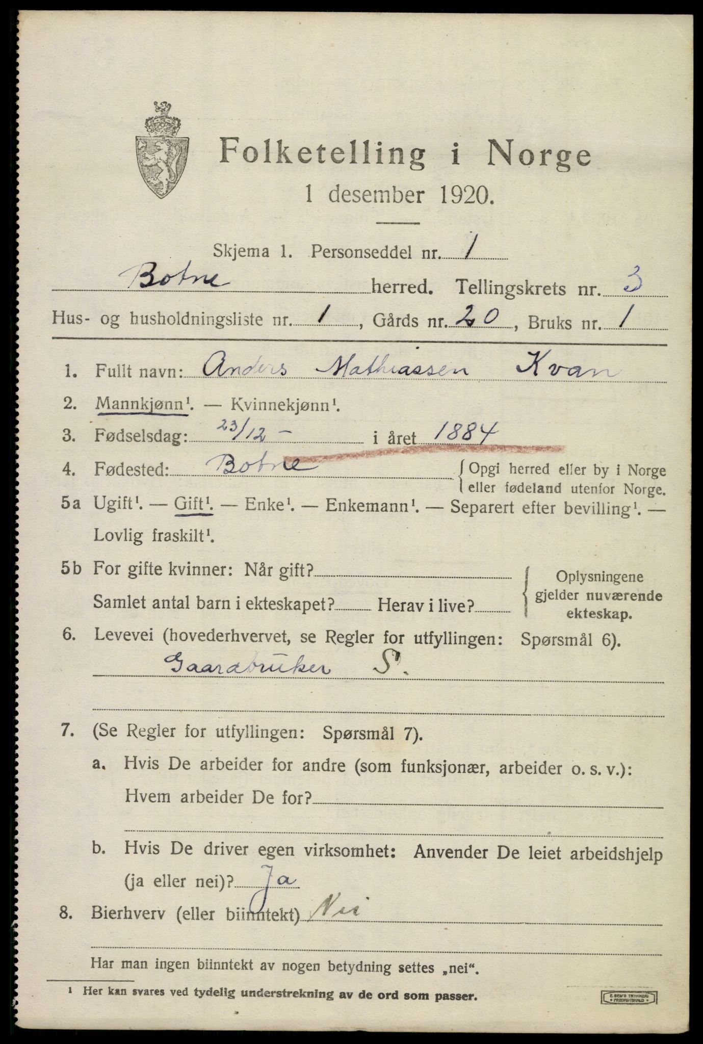 SAKO, 1920 census for Botne, 1920, p. 3073