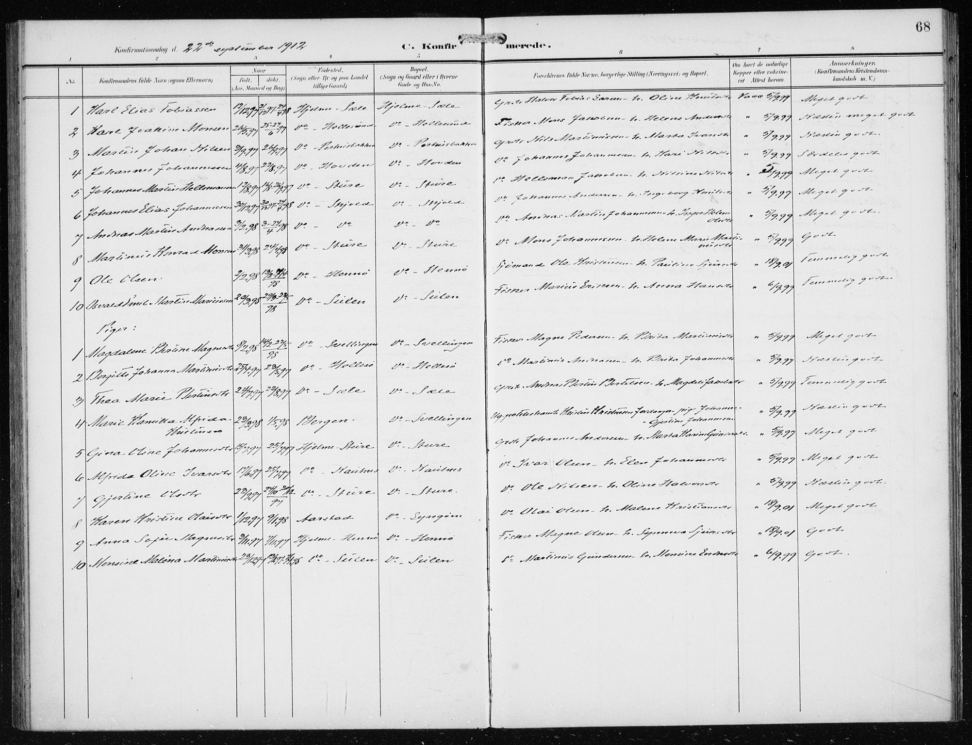 Herdla Sokneprestembete, AV/SAB-A-75701/H/Haa: Parish register (official) no. B 1, 1902-1921, p. 68