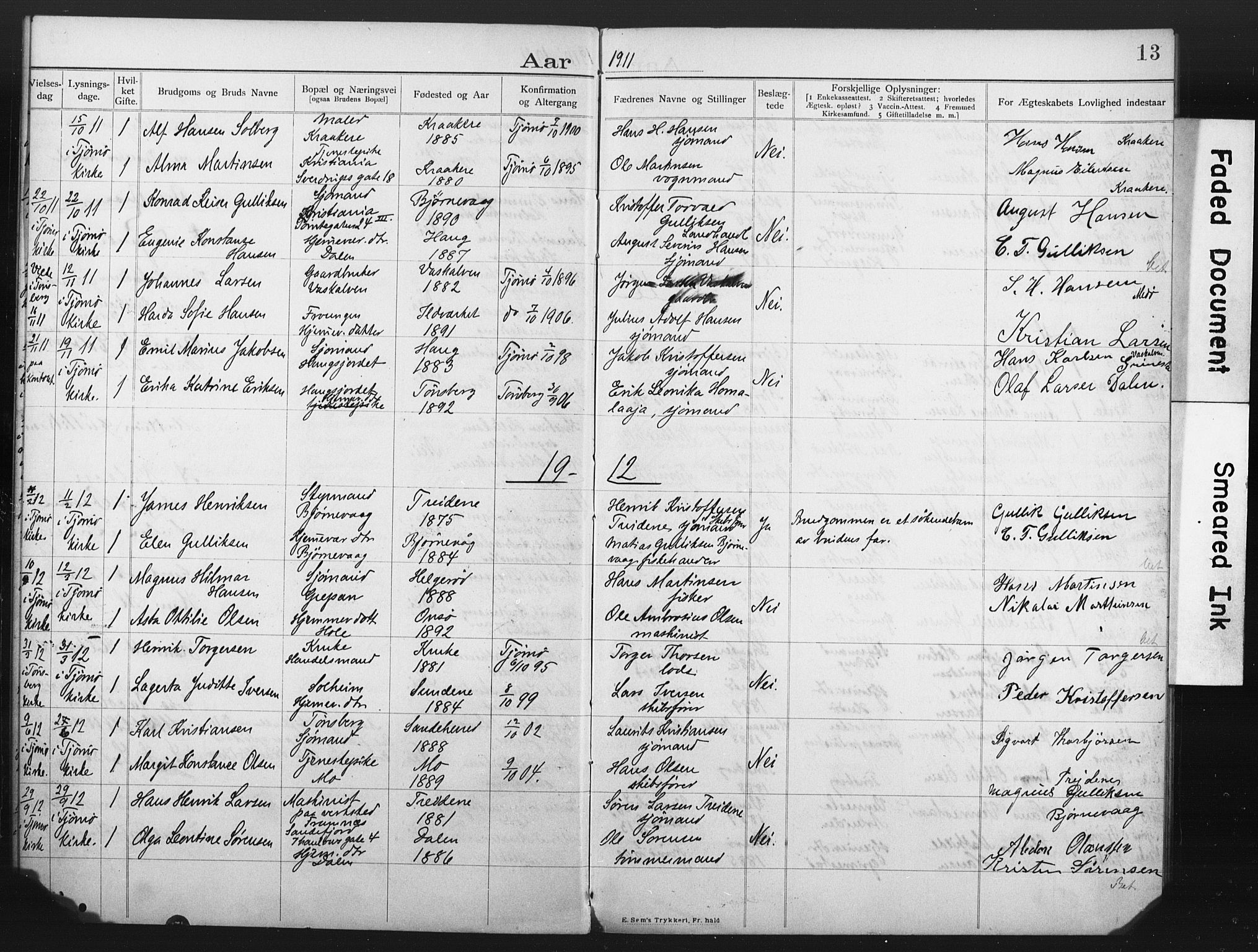 Tjøme kirkebøker, AV/SAKO-A-328/H/Ha/L0001: Banns register no. I 1, 1903-1918, p. 13
