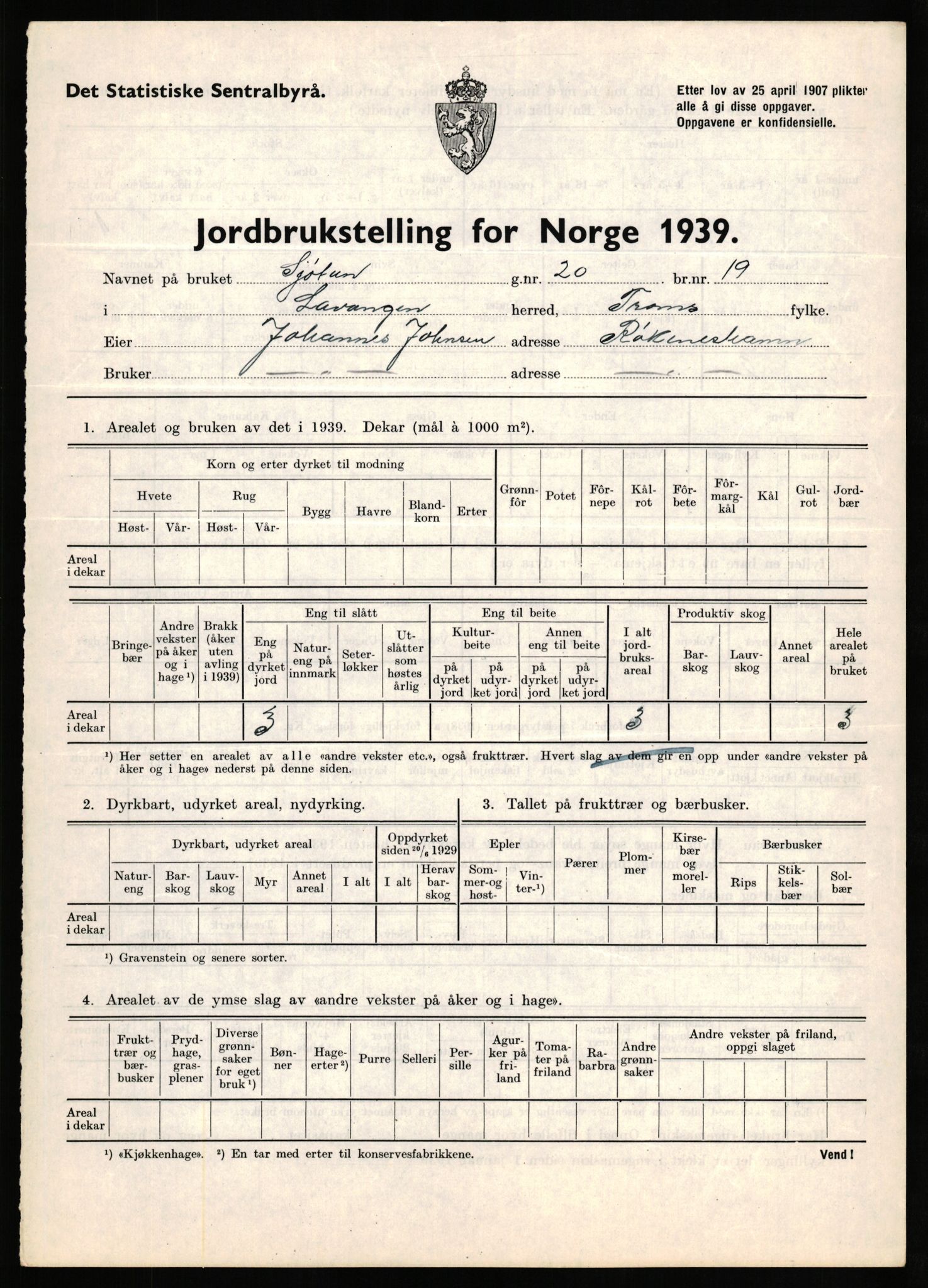 Statistisk sentralbyrå, Næringsøkonomiske emner, Jordbruk, skogbruk, jakt, fiske og fangst, AV/RA-S-2234/G/Gb/L0339: Troms: Andørja, Astafjord og Lavangen, 1939, p. 867